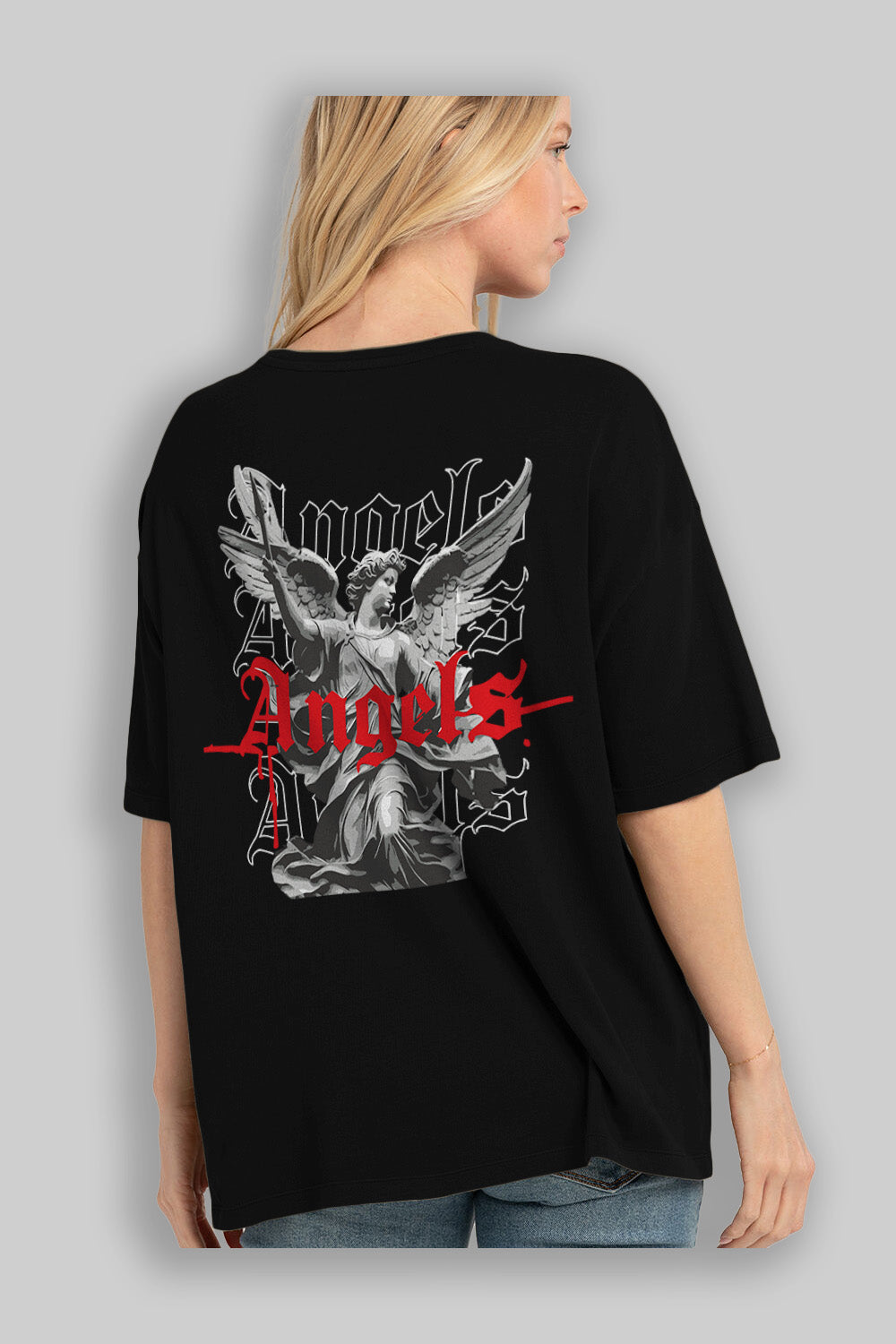 Angels Arka Baskılı Oversize t-shirt Erkek Kadın %100 Pamuk Bisiklet Yaka tişort