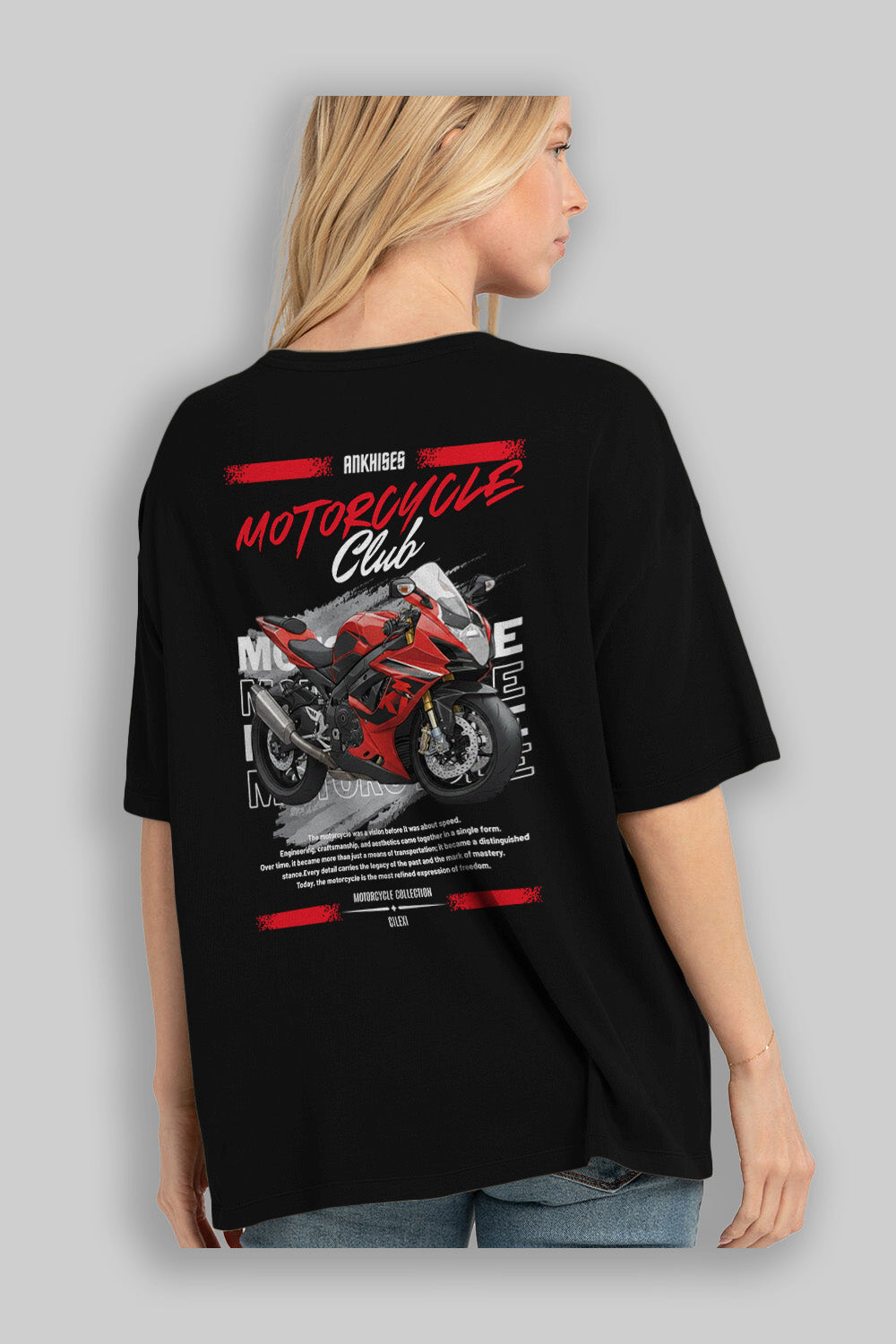 Motosiklet Serisi 5 Arka Baskılı Oversize t-shirt Erkek Kadın %100 Pamuk Bisiklet Yaka tişort