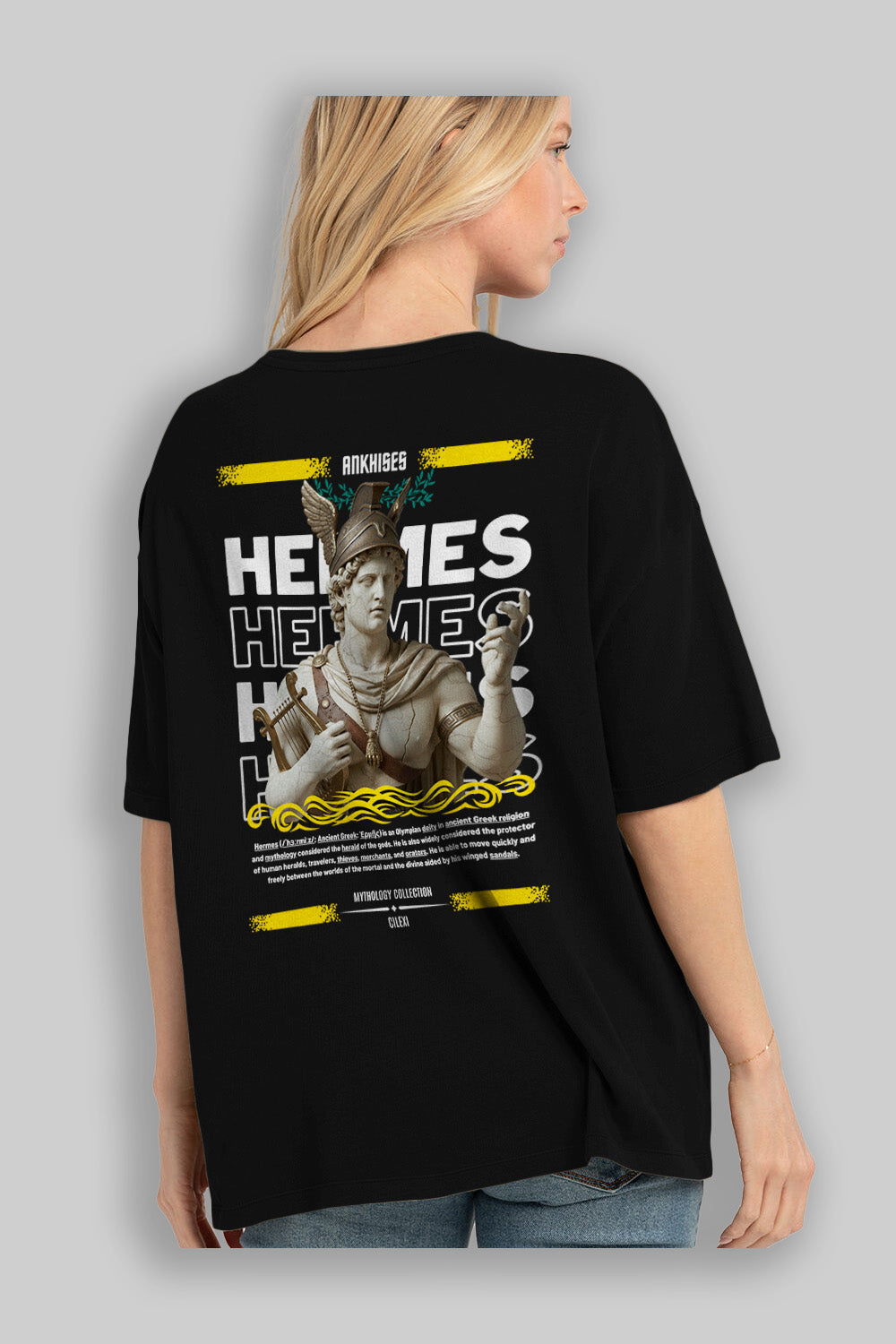 Hermes 2 Arka Baskılı Oversize t-shirt Erkek Kadın %100 Pamuk Bisiklet Yaka tişort