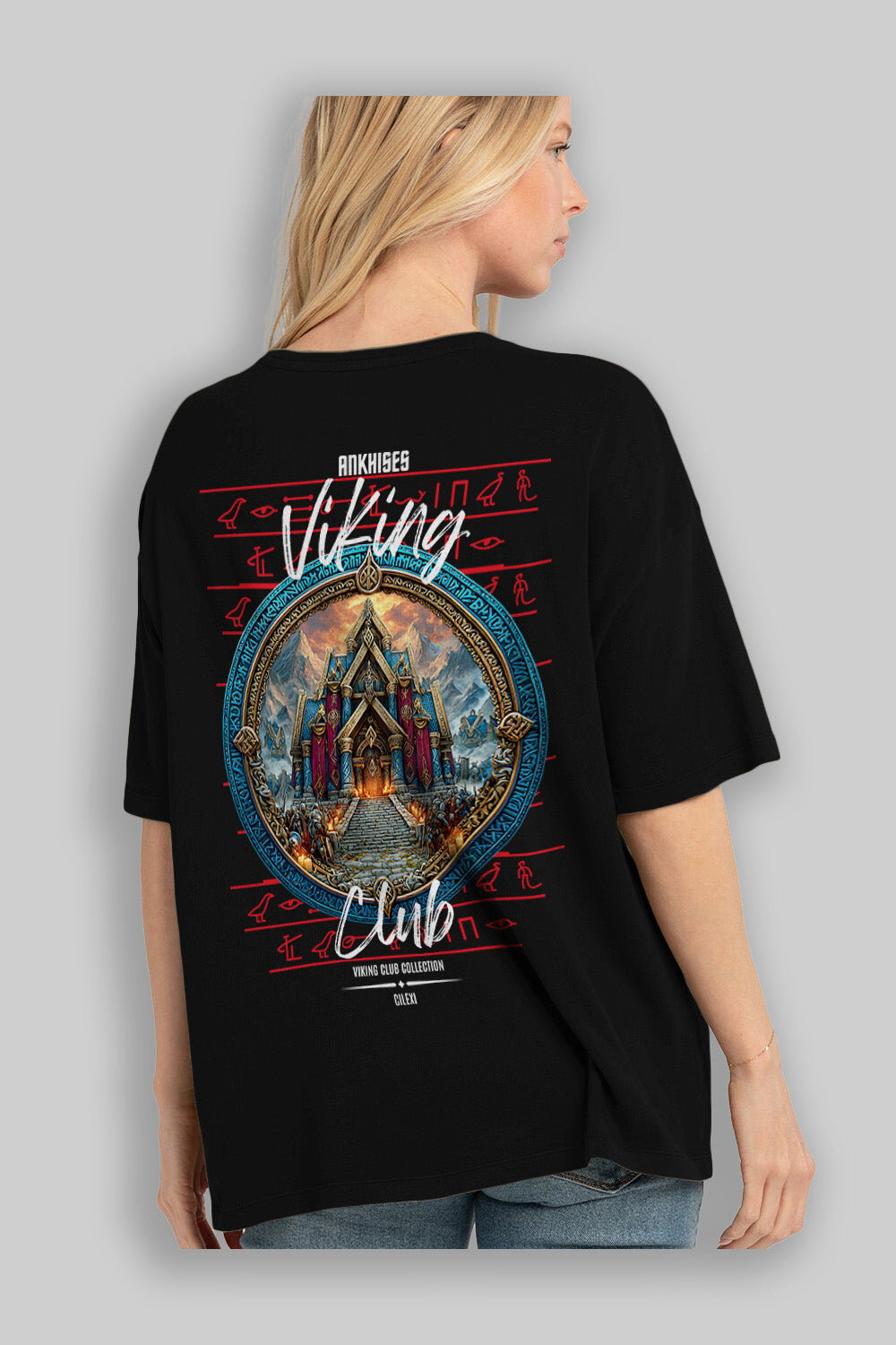 Valhalla Arka Baskılı Oversize t-shirt Erkek Kadın %100 Pamuk Bisiklet Yaka tişort