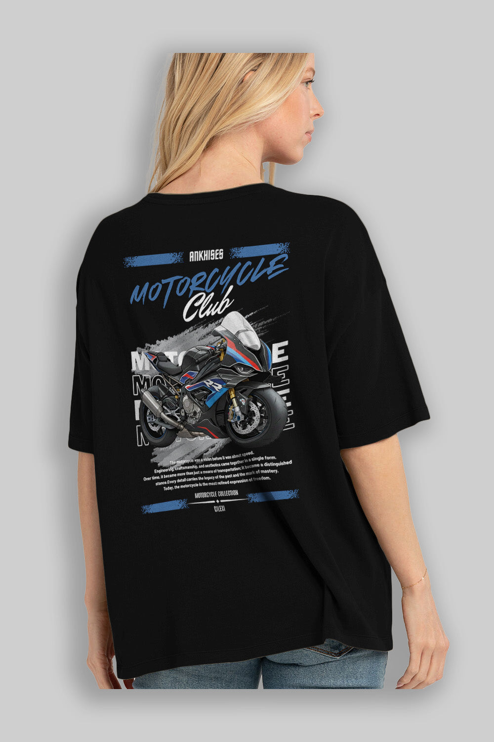 Motosiklet Serisi 1 Arka Baskılı Oversize t-shirt Erkek Kadın %100 Pamuk Bisiklet Yaka tişort