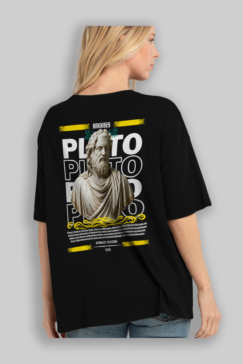 Plato 2 Arka Baskılı Oversize t-shirt Erkek Kadın %100 Pamuk Bisiklet Yaka tişort