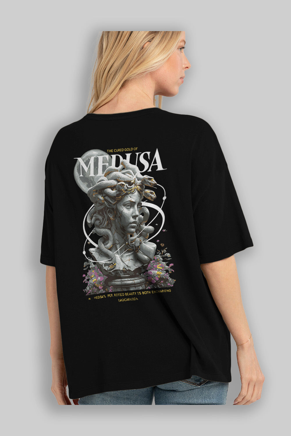 Medusa Arka Baskılı Oversize t-shirt Erkek Kadın %100 Pamuk Bisiklet Yaka tişort
