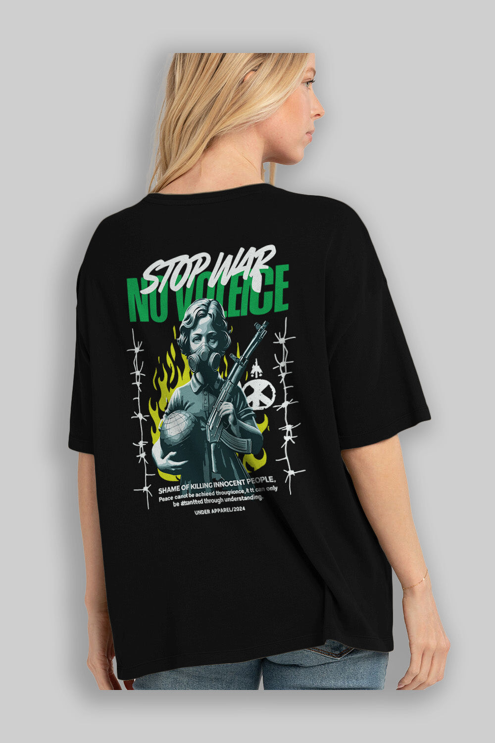 Stop War Arka Baskılı Oversize t-shirt Erkek Kadın %100 Pamuk Bisiklet Yaka tişort