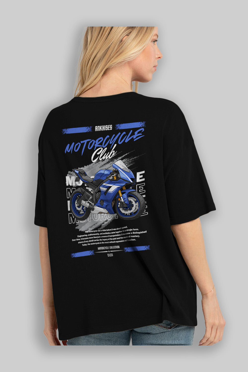 Motosiklet Serisi 32 Arka Baskılı Oversize t-shirt Erkek Kadın %100 Pamuk Bisiklet Yaka tişort