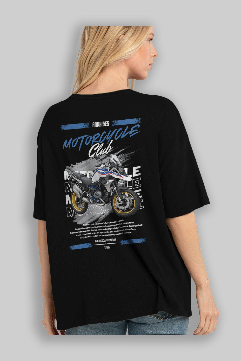 Motosiklet Serisi 27 Arka Baskılı Oversize t-shirt Erkek Kadın %100 Pamuk Bisiklet Yaka tişort
