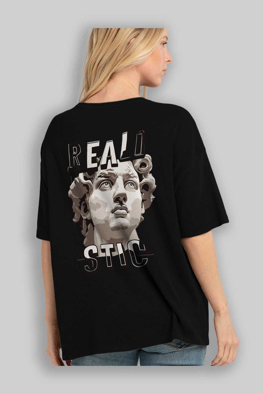 Realistic Arka Baskılı Oversize t-shirt Erkek Kadın %100 Pamuk Bisiklet Yaka tişort