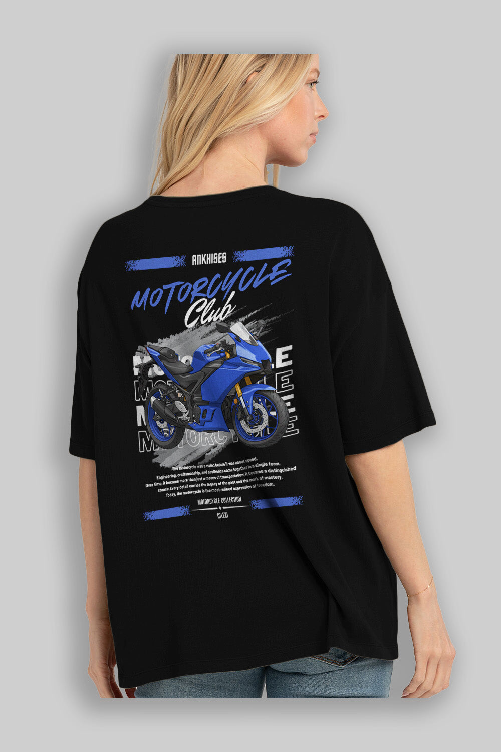 Motosiklet Serisi 33 Arka Baskılı Oversize t-shirt Erkek Kadın %100 Pamuk Bisiklet Yaka tişort