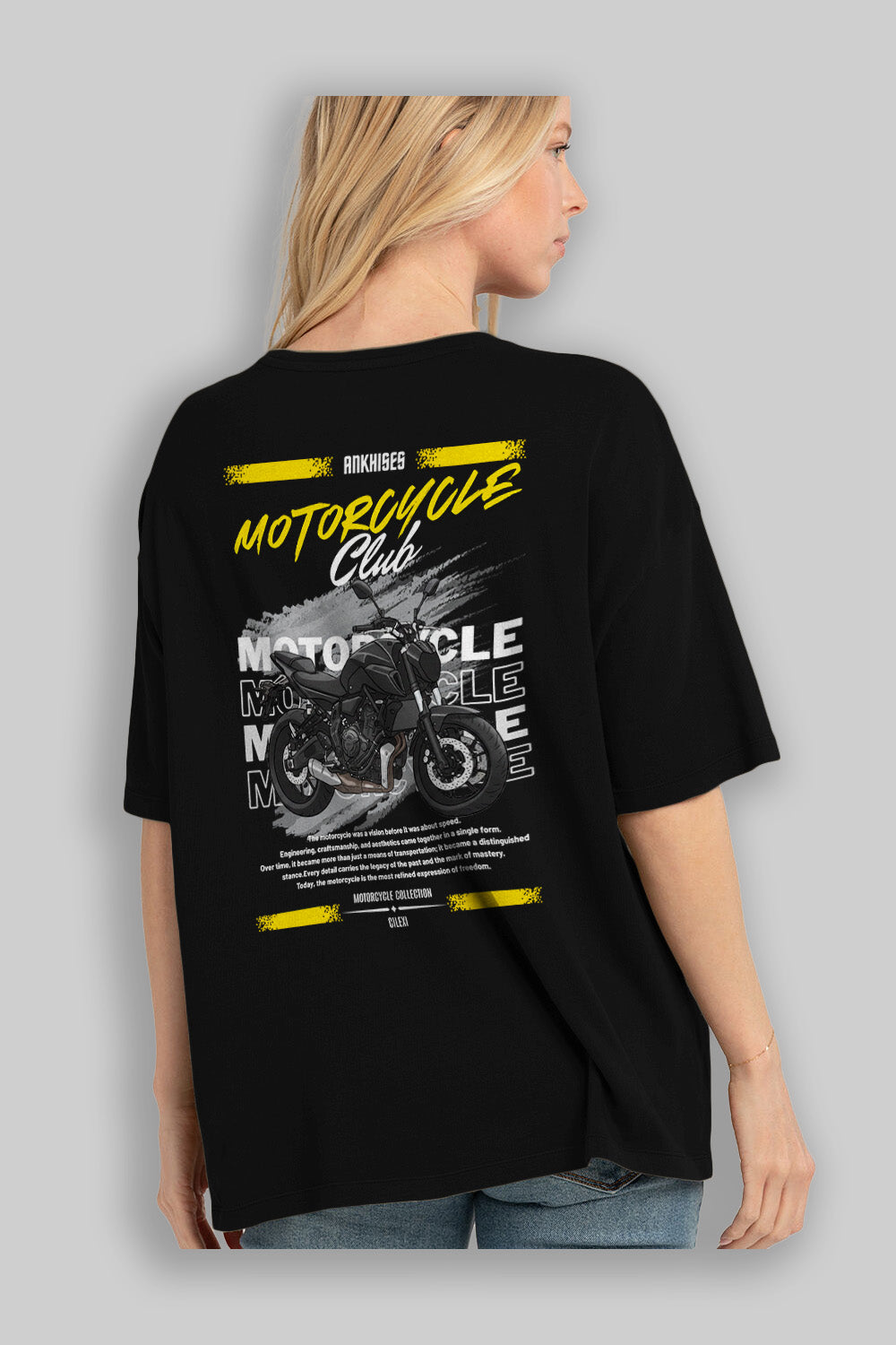 Motosiklet Serisi 20 Arka Baskılı Oversize t-shirt Erkek Kadın %100 Pamuk Bisiklet Yaka tişort