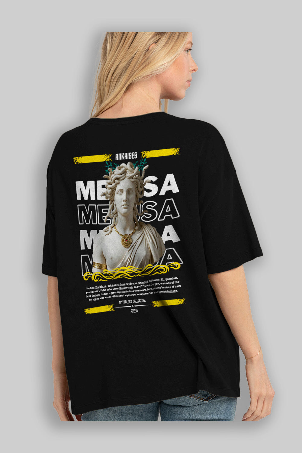Medusa 3 Arka Baskılı Oversize t-shirt Erkek Kadın %100 Pamuk Bisiklet Yaka tişort