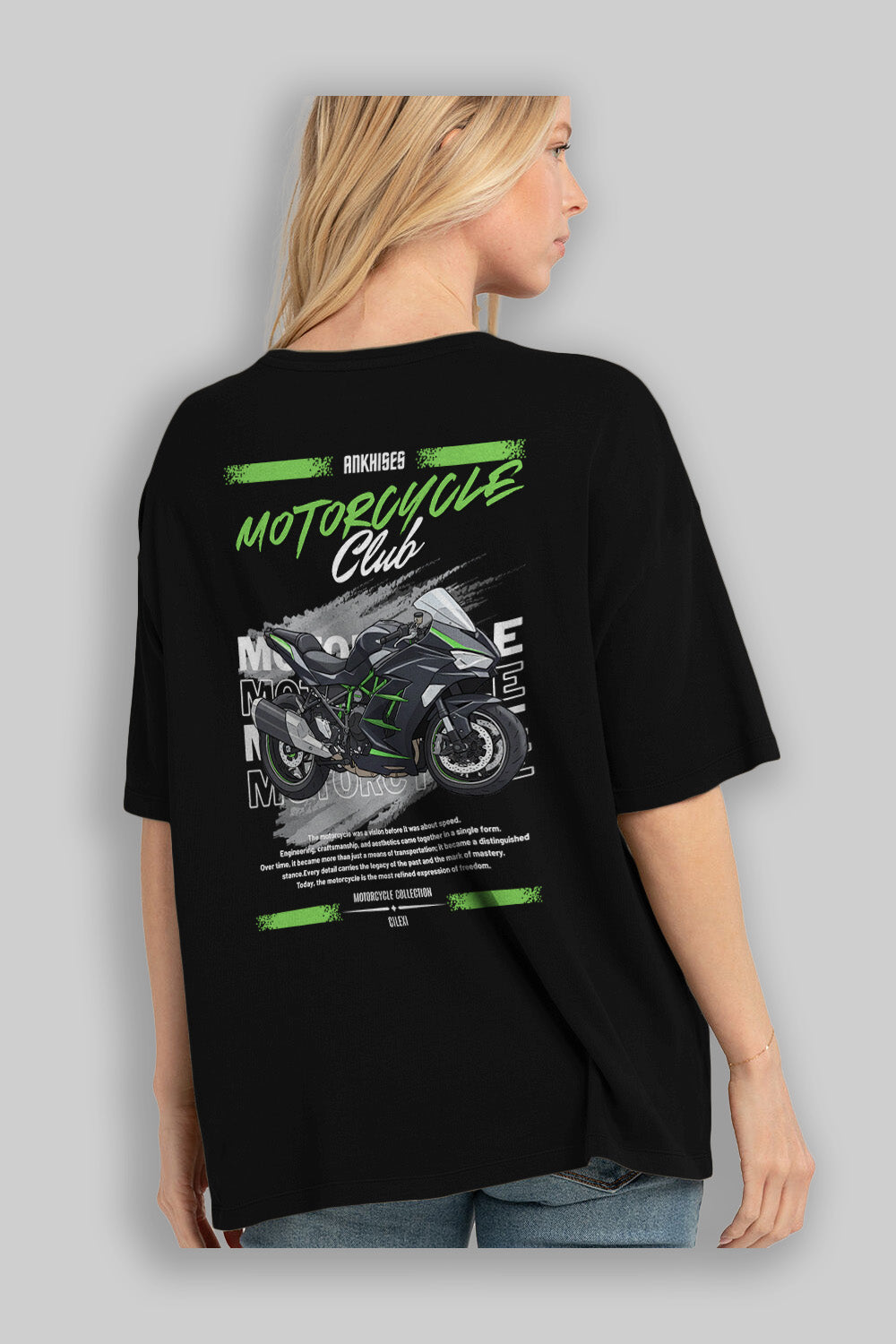 Motosiklet Serisi 13 Arka Baskılı Oversize t-shirt Erkek Kadın %100 Pamuk Bisiklet Yaka tişort