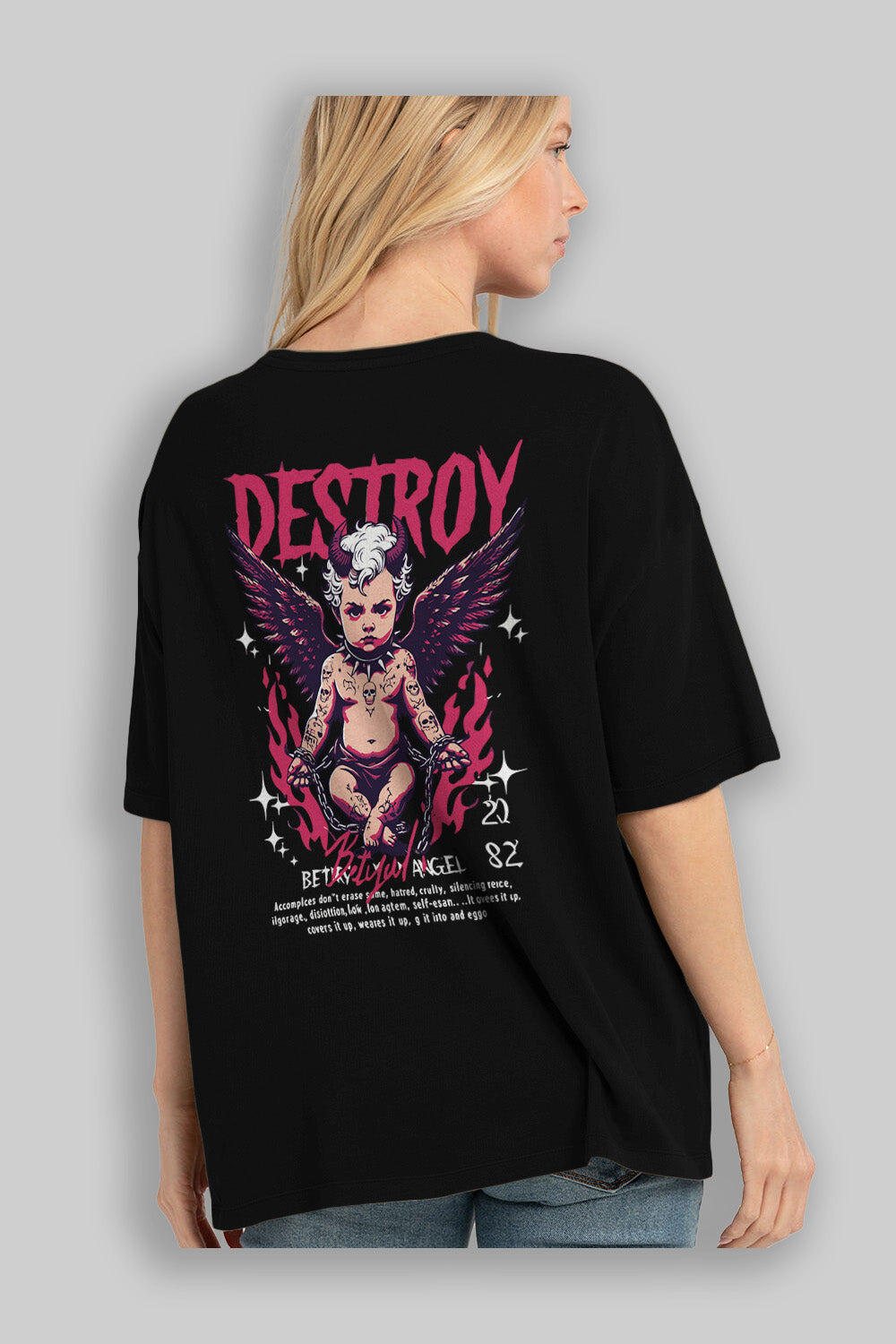 Destroy Arka Baskılı Oversize t-shirt Erkek Kadın %100 Pamuk Bisiklet Yaka tişort