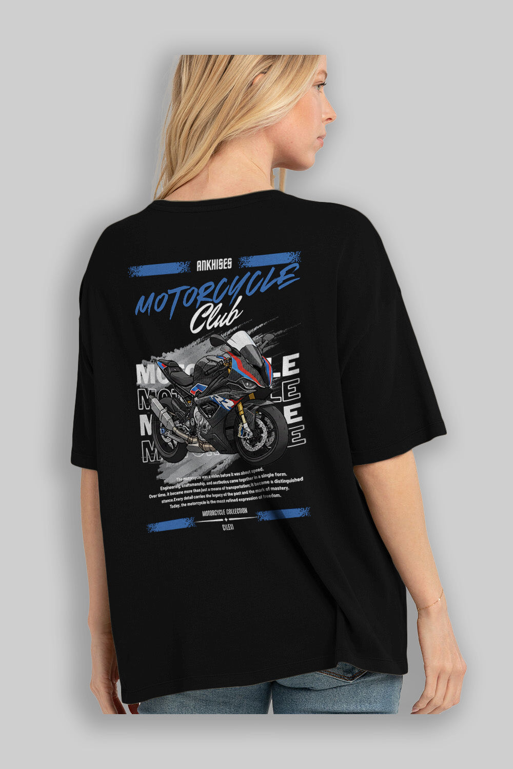 Motosiklet Serisi 2 Arka Baskılı Oversize t-shirt Erkek Kadın %100 Pamuk Bisiklet Yaka tişort