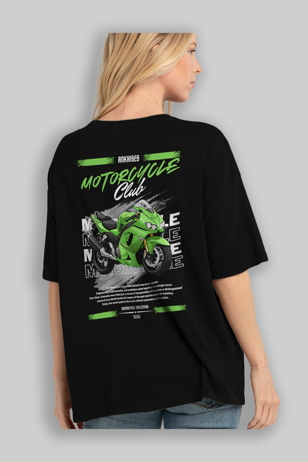 Motosiklet Serisi 12 Arka Baskılı Oversize t-shirt Erkek Kadın %100 Pamuk Bisiklet Yaka tişort