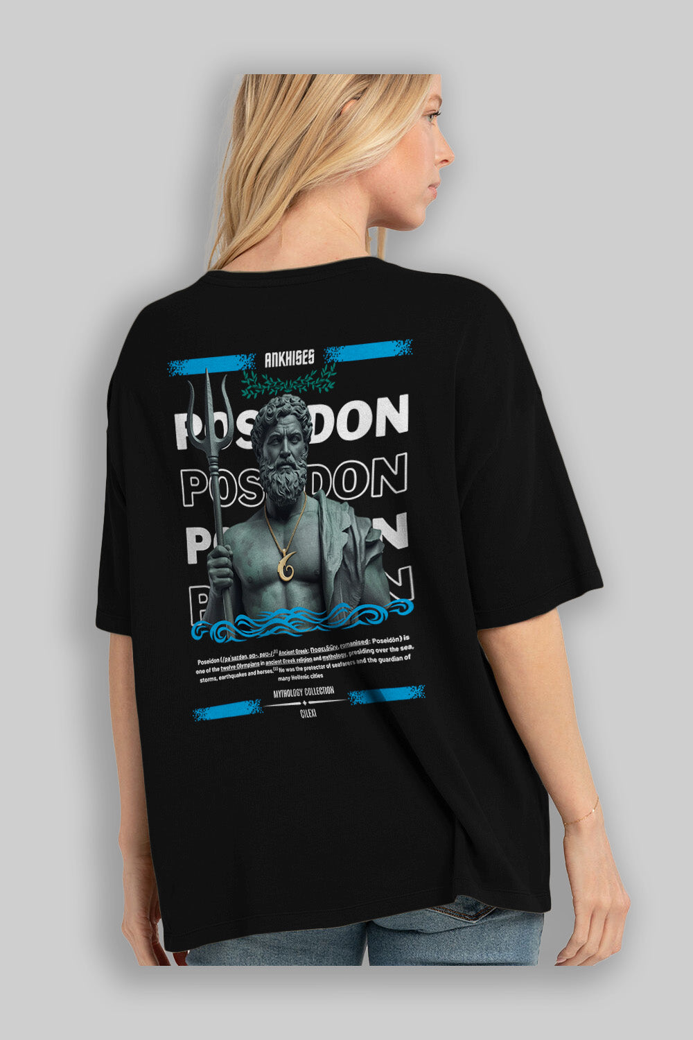 Poseidon 1 Arka Baskılı Oversize t-shirt Erkek Kadın %100 Pamuk Bisiklet Yaka tişort