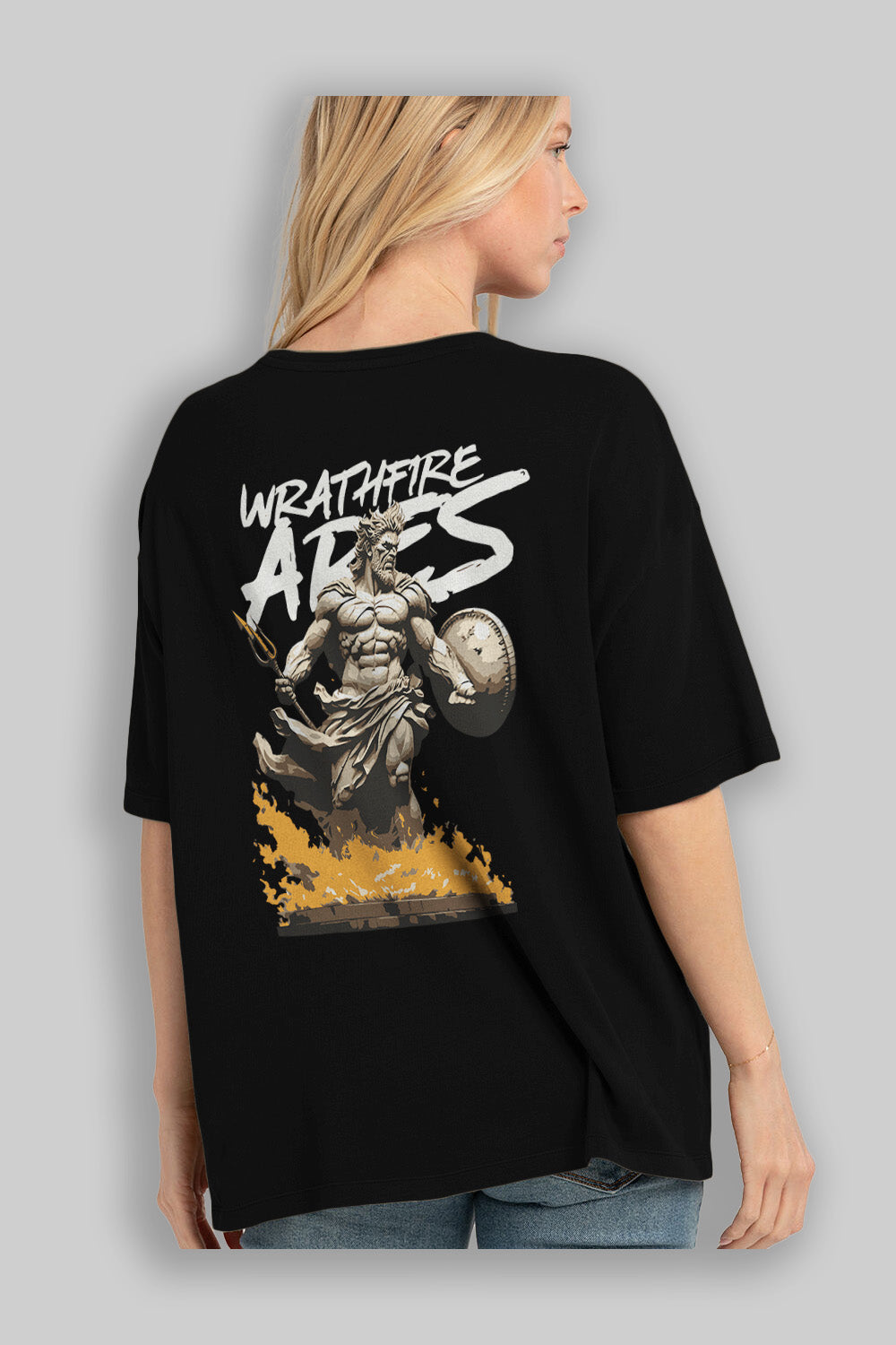 WrathFire Ares Arka Baskılı Oversize t-shirt Erkek Kadın %100 Pamuk Bisiklet Yaka tişort