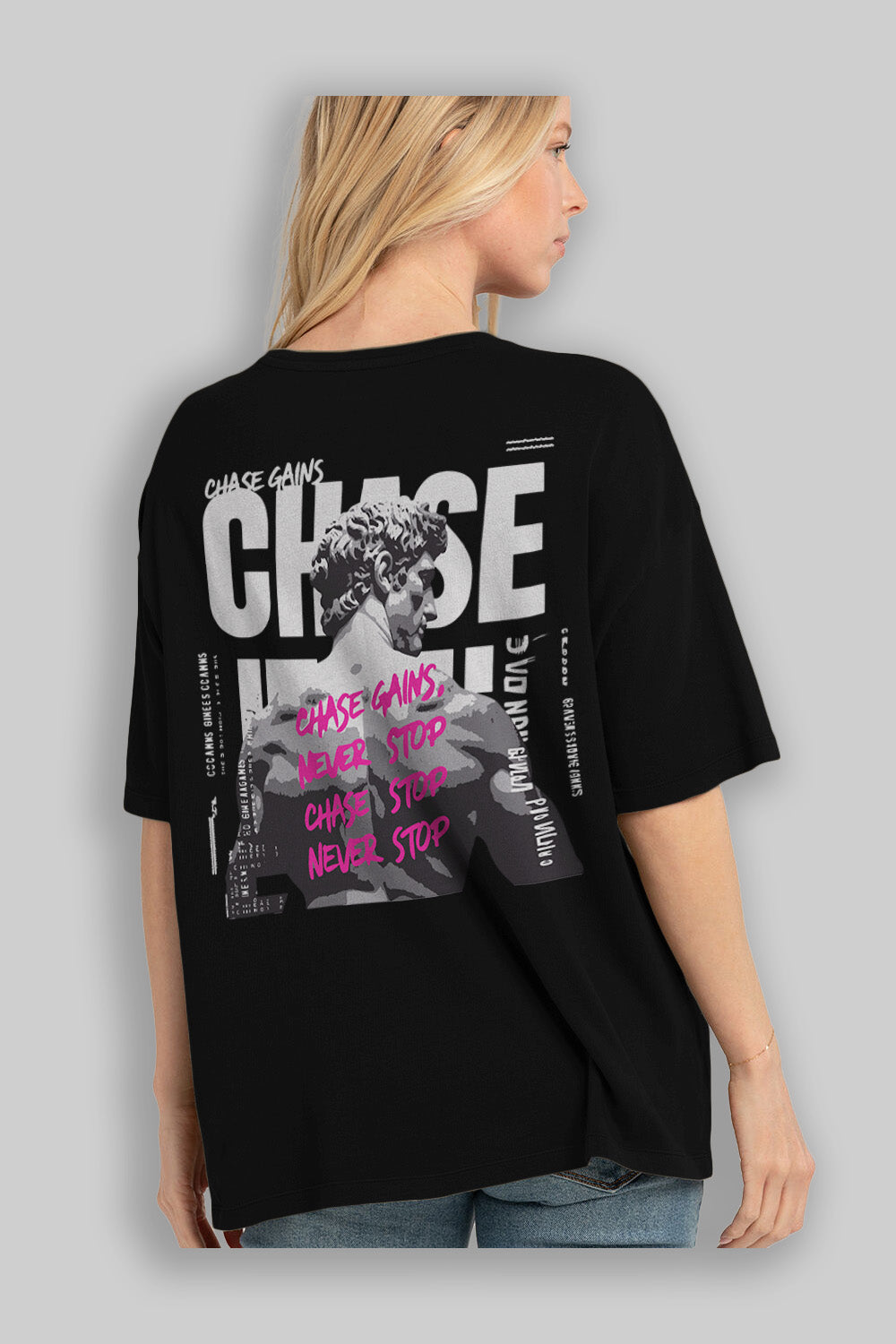 Chase Gains Arka Baskılı Oversize t-shirt Erkek Kadın %100 Pamuk Bisiklet Yaka tişort