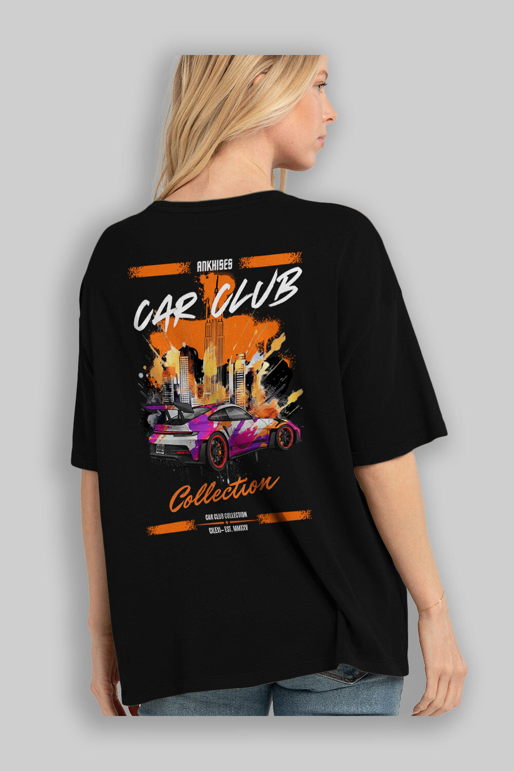 Araba Club Serisi 34 Baskılı Oversize t-shirt Erkek Kadın %100 Pamuk Bisiklet Yaka tişort