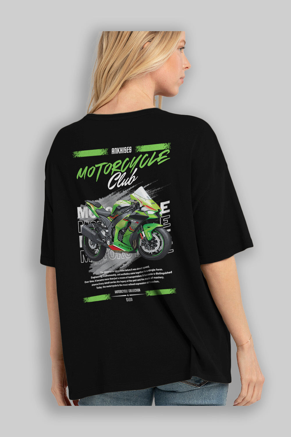 Motosiklet Serisi 14 Arka Baskılı Oversize t-shirt Erkek Kadın %100 Pamuk Bisiklet Yaka tişort