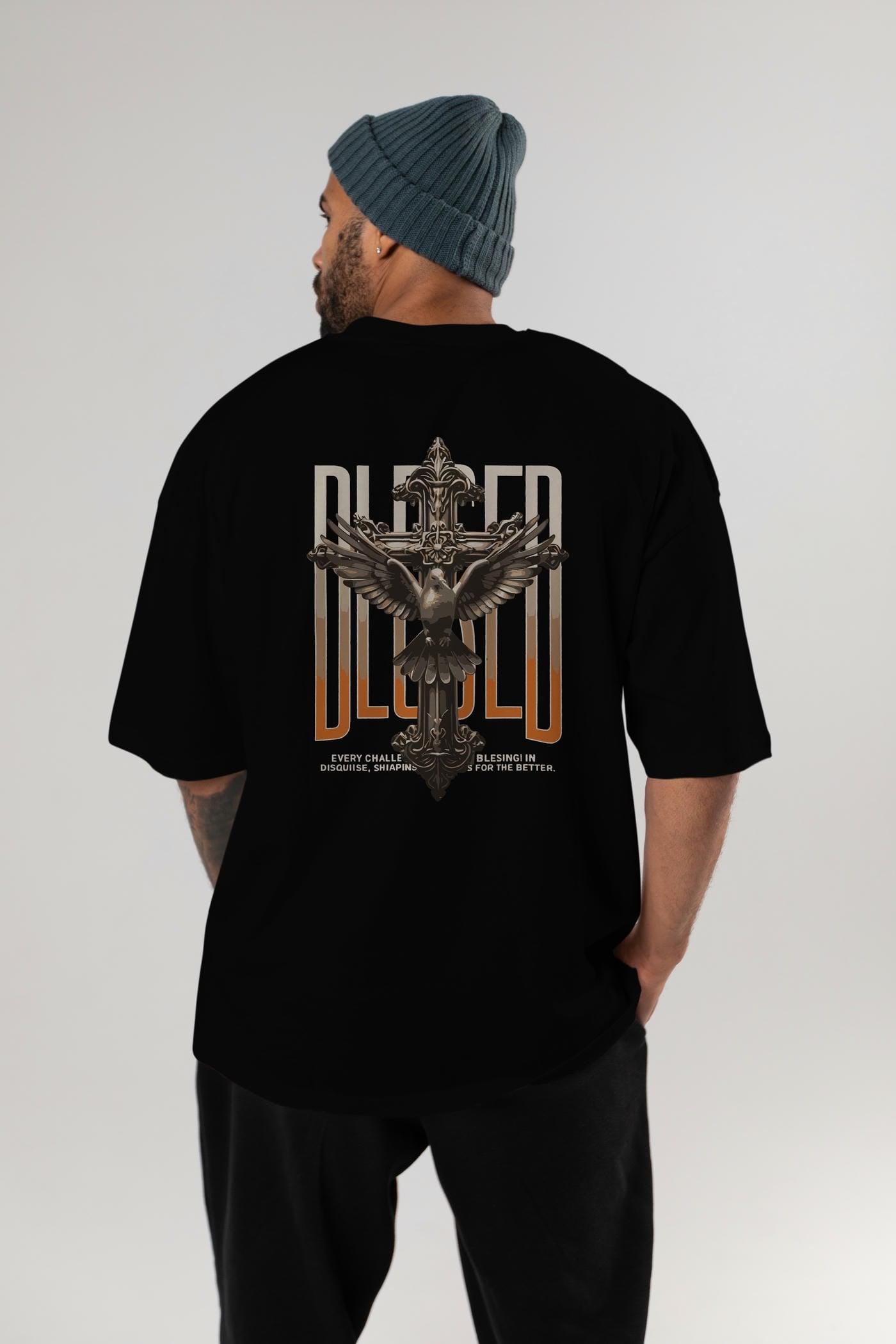 Blesed Arka Baskılı Oversize t-shirt Erkek Kadın %100 Pamuk Bisiklet Yaka tişort