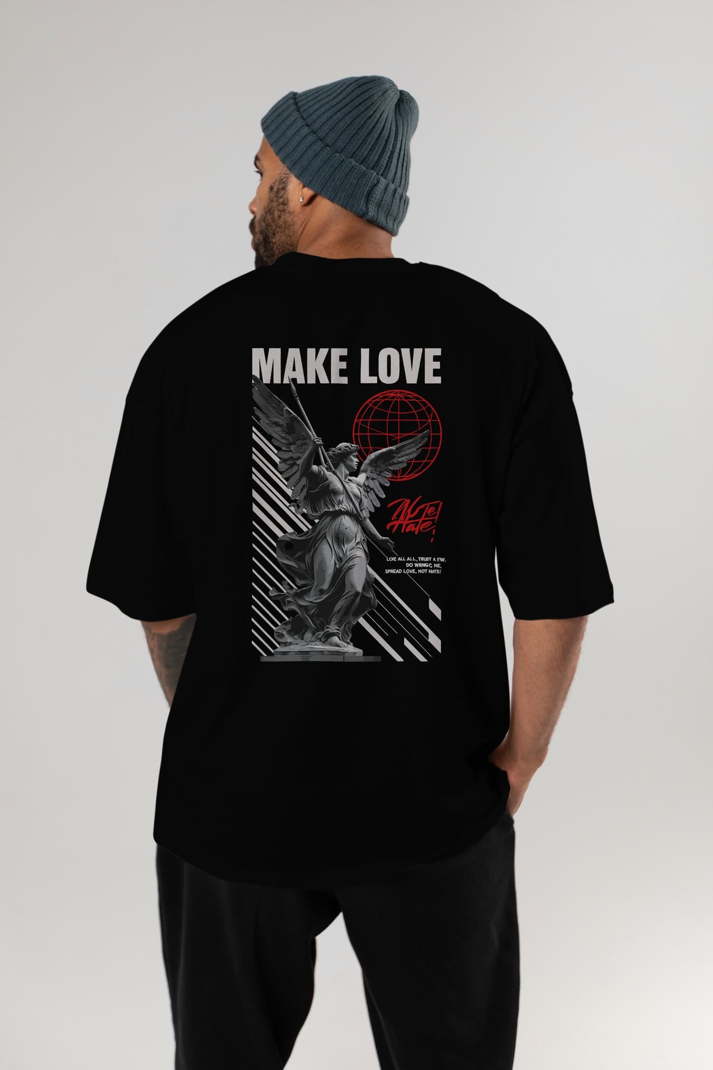 Make Love Arka Baskılı Oversize t-shirt Erkek Kadın %100 Pamuk Bisiklet Yaka tişort