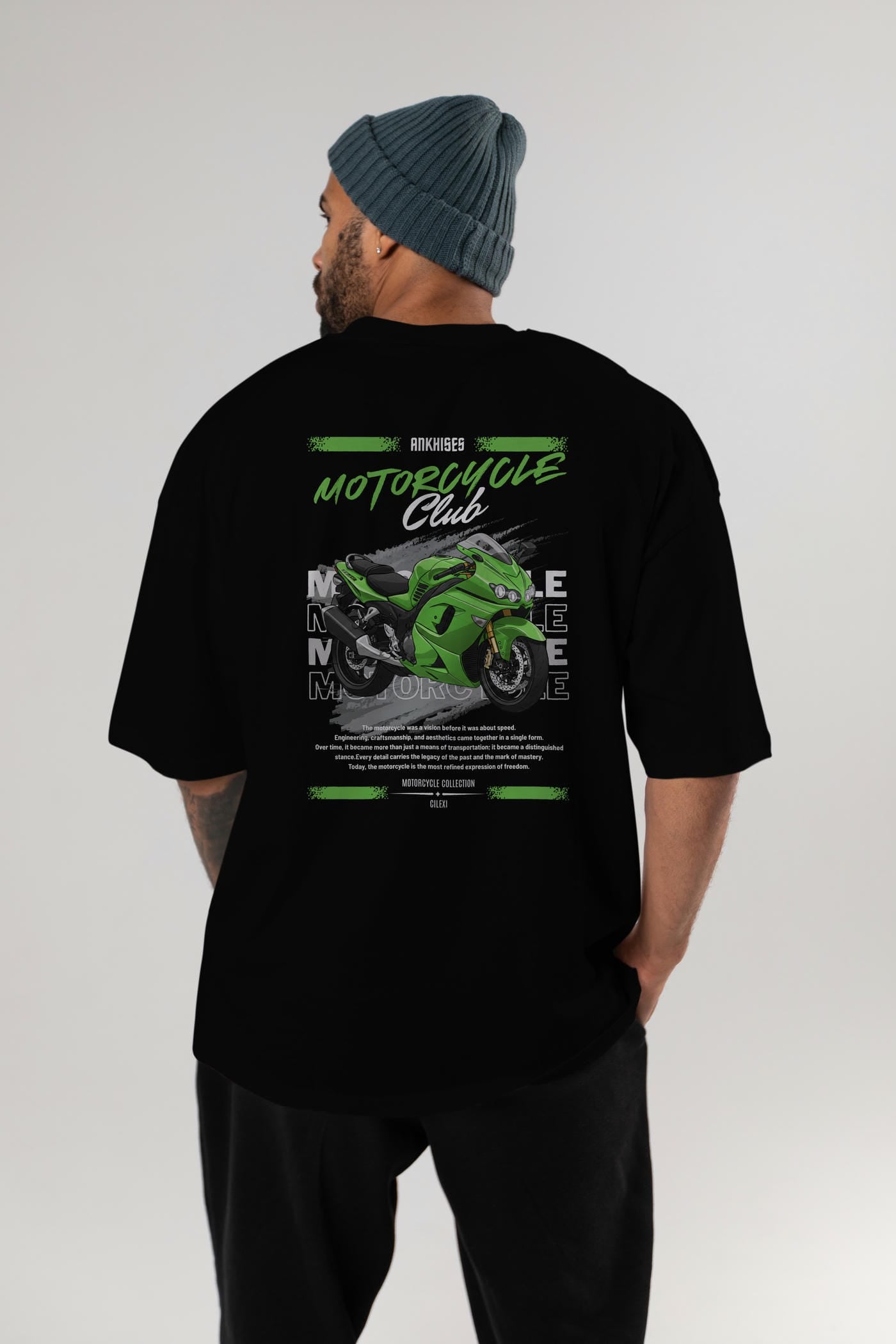 Motosiklet Serisi 12 Arka Baskılı Oversize t-shirt Erkek Kadın %100 Pamuk Bisiklet Yaka tişort