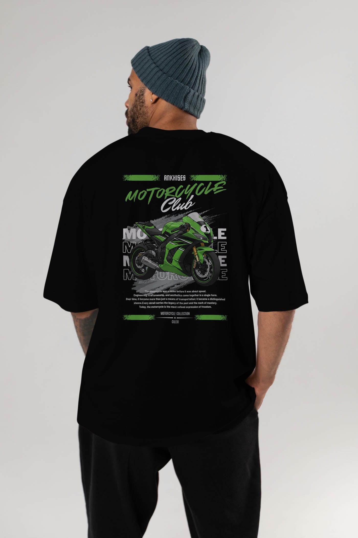 Motosiklet Serisi 6 Arka Baskılı Oversize t-shirt Erkek Kadın %100 Pamuk Bisiklet Yaka tişort