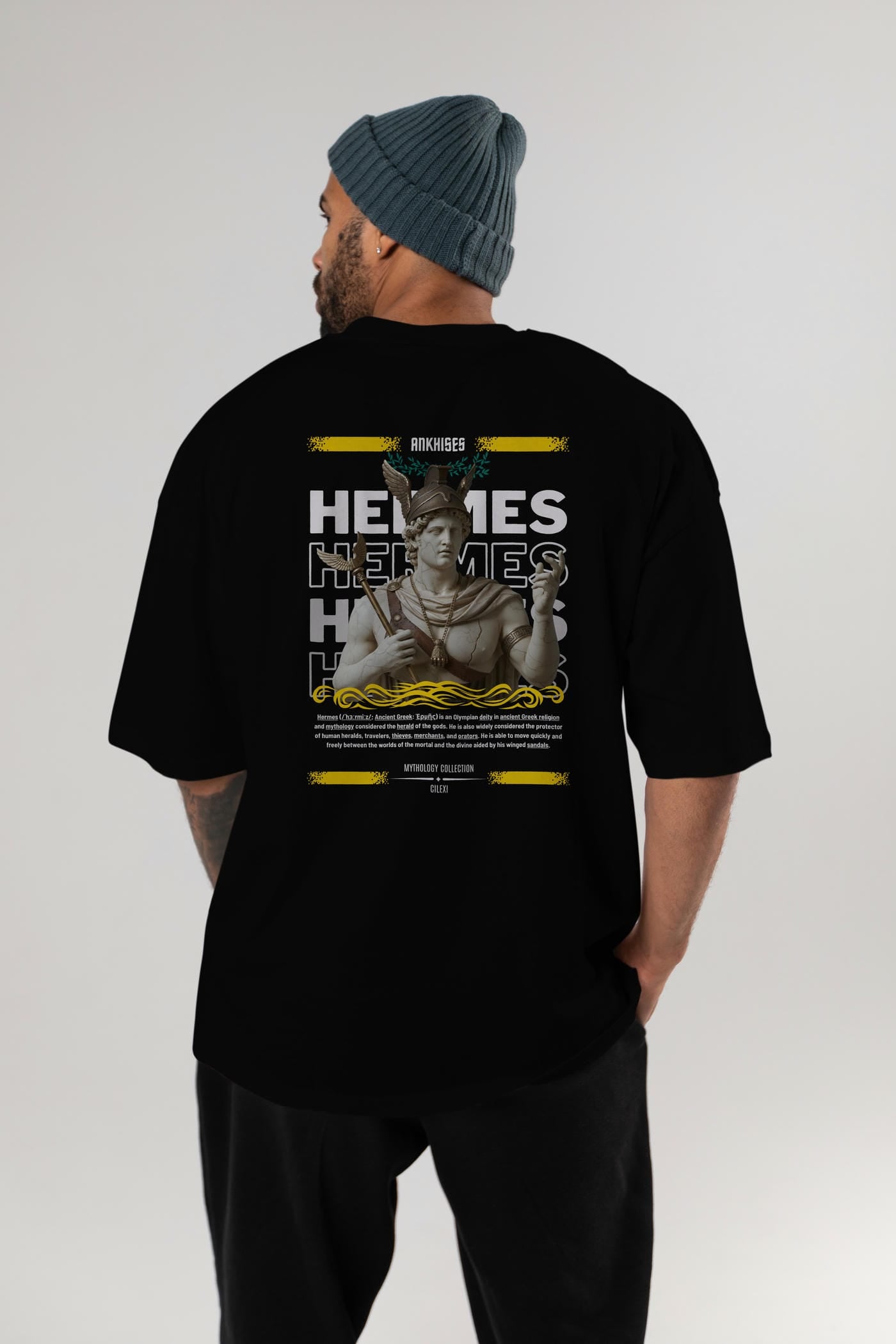 Hermes 1 Arka Baskılı Oversize t-shirt Erkek Kadın %100 Pamuk Bisiklet Yaka tişort