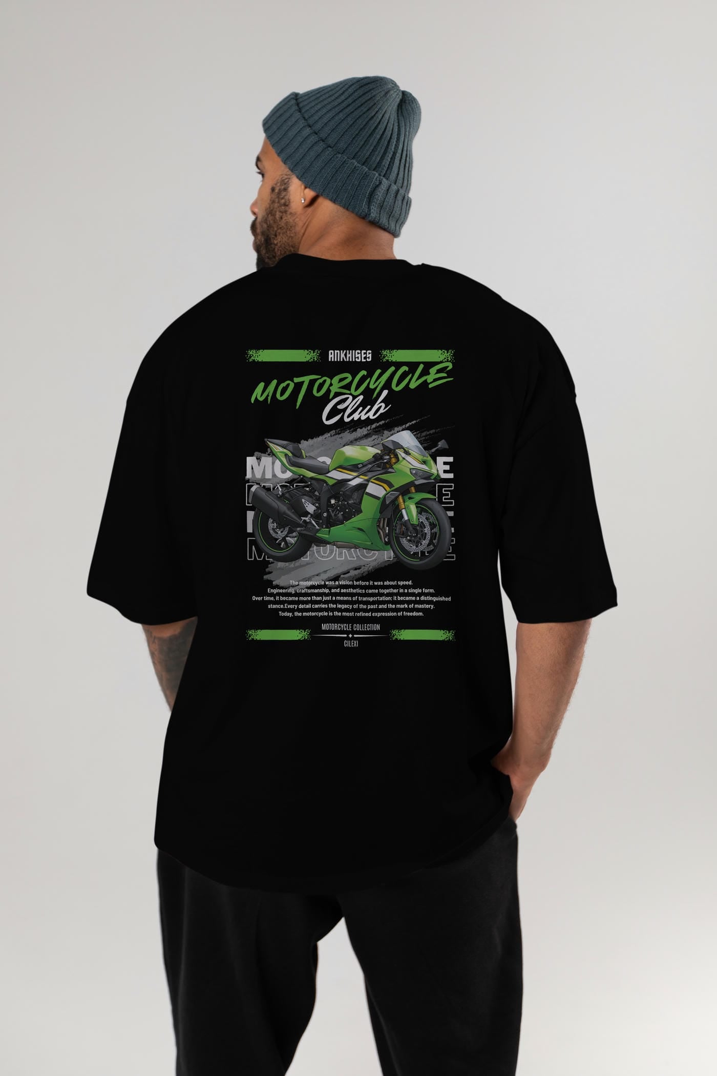 Motosiklet Serisi 15 Arka Baskılı Oversize t-shirt Erkek Kadın %100 Pamuk Bisiklet Yaka tişort