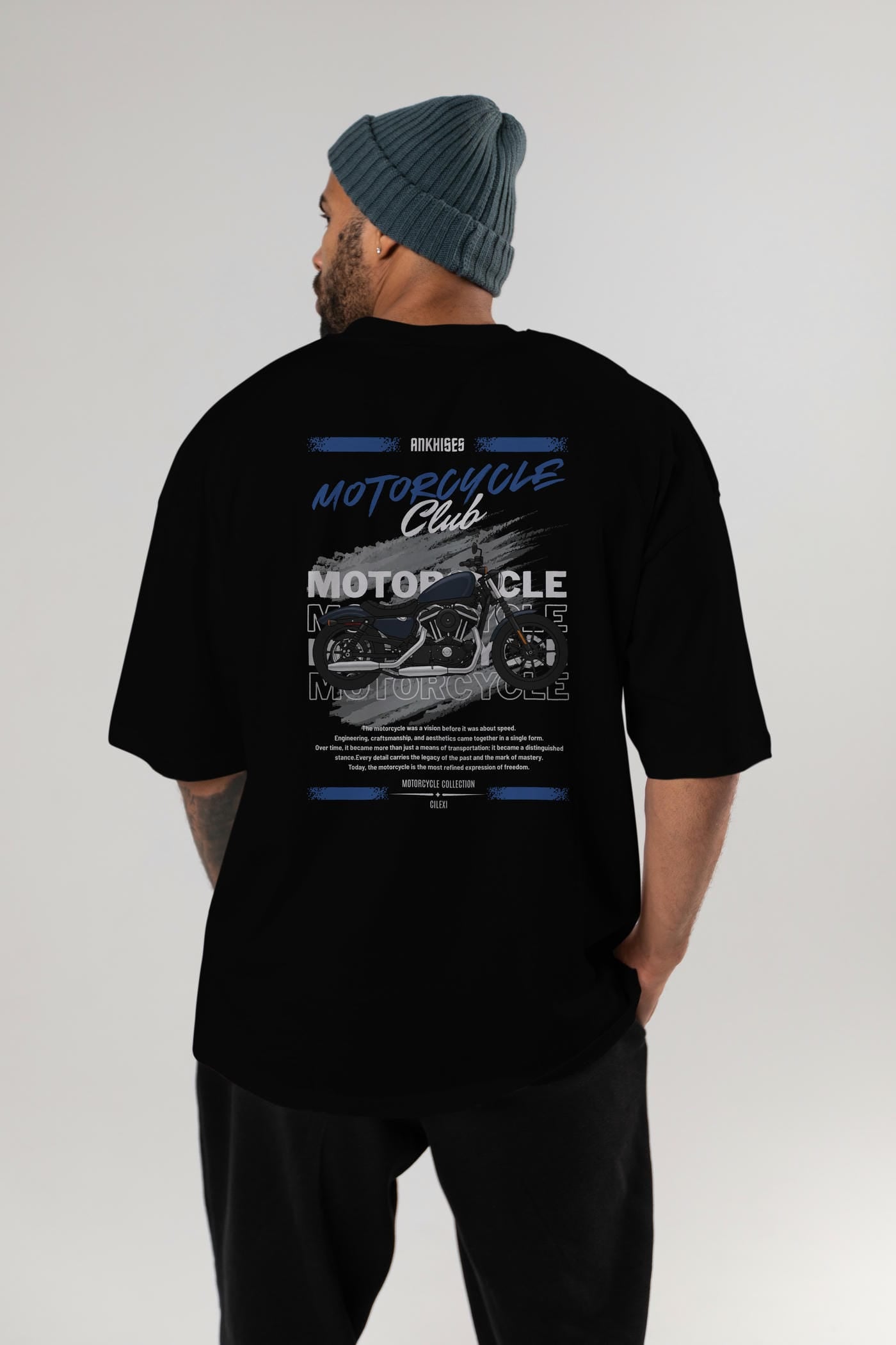 Motosiklet Serisi 30 Arka Baskılı Oversize t-shirt Erkek Kadın %100 Pamuk Bisiklet Yaka tişort