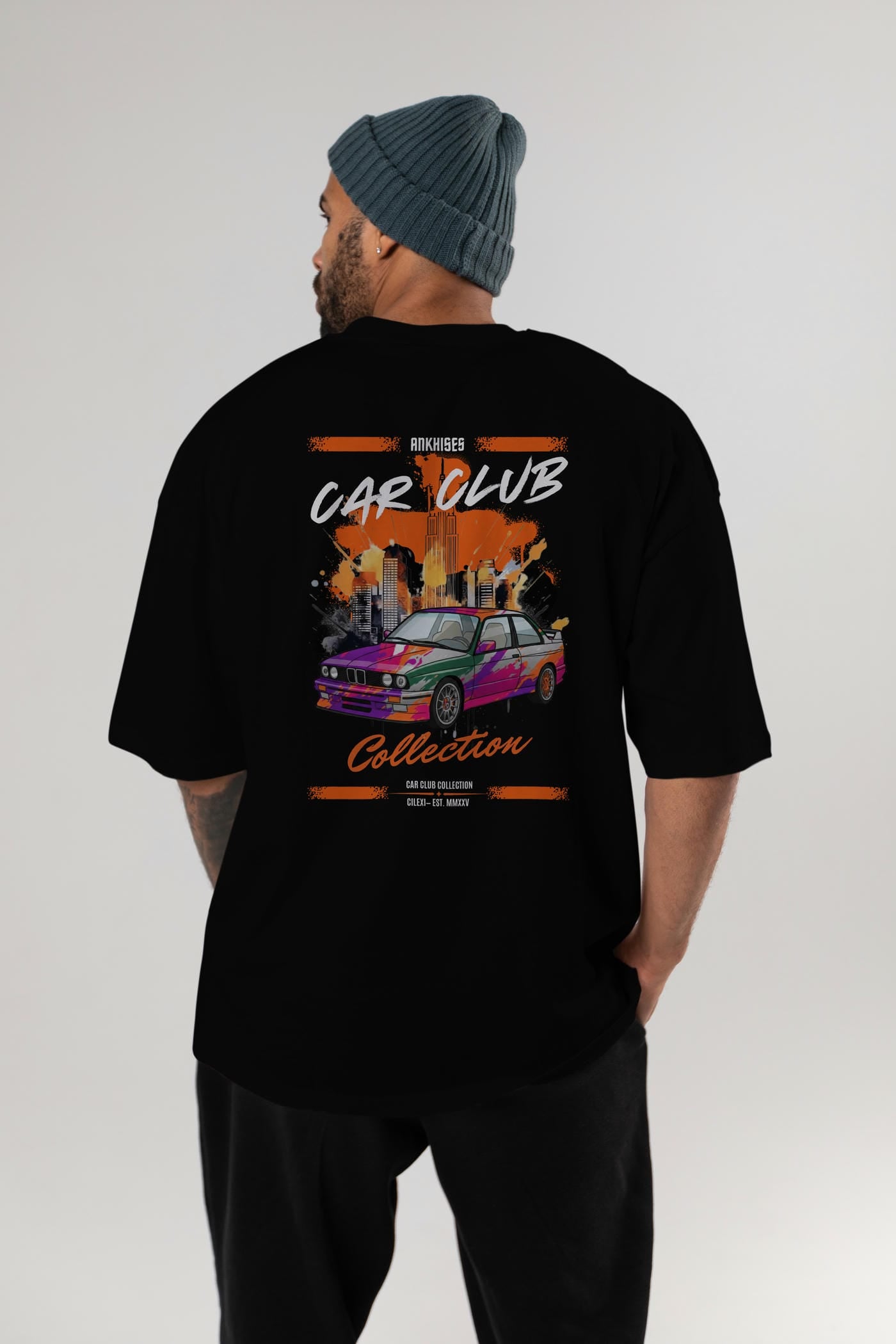 Araba Club Serisi 15 Baskılı Oversize t-shirt Erkek Kadın %100 Pamuk Bisiklet Yaka tişort