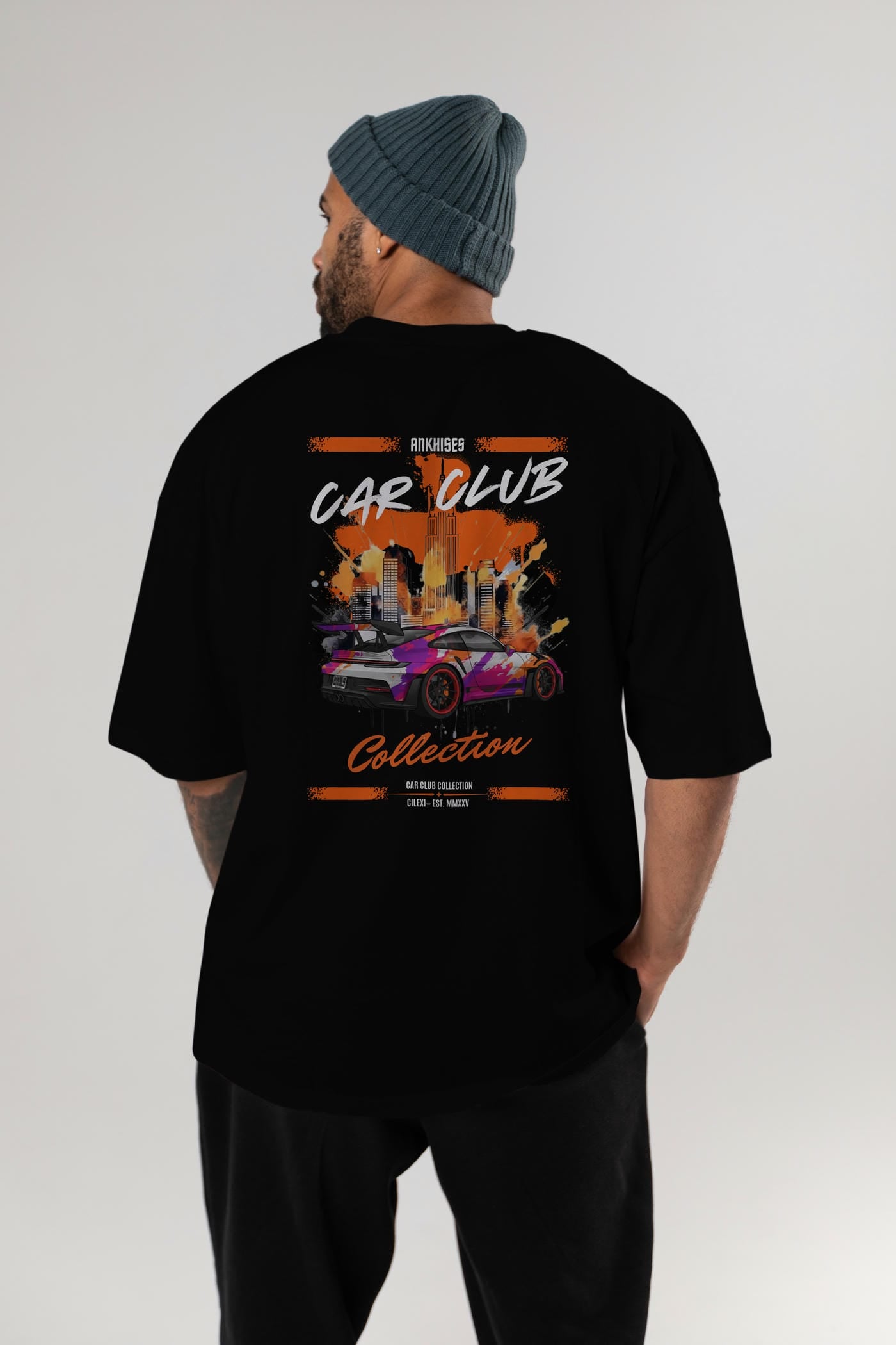 Araba Club Serisi 34 Baskılı Oversize t-shirt Erkek Kadın %100 Pamuk Bisiklet Yaka tişort