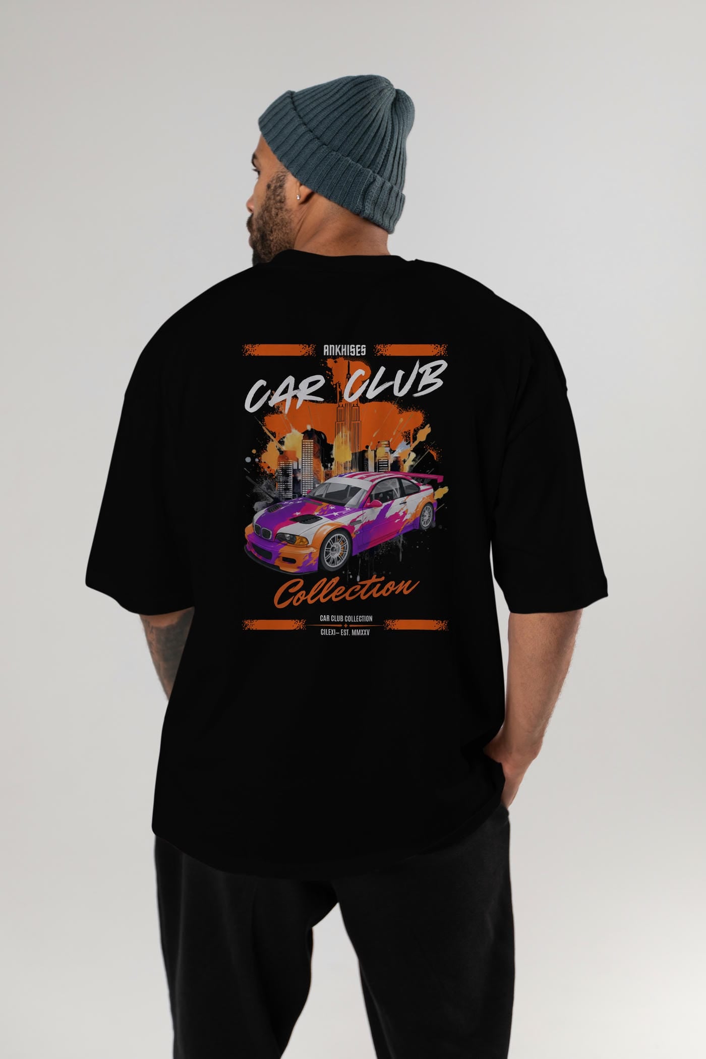 Araba Club Serisi 6 Baskılı Oversize t-shirt Erkek Kadın %100 Pamuk Bisiklet Yaka tişort
