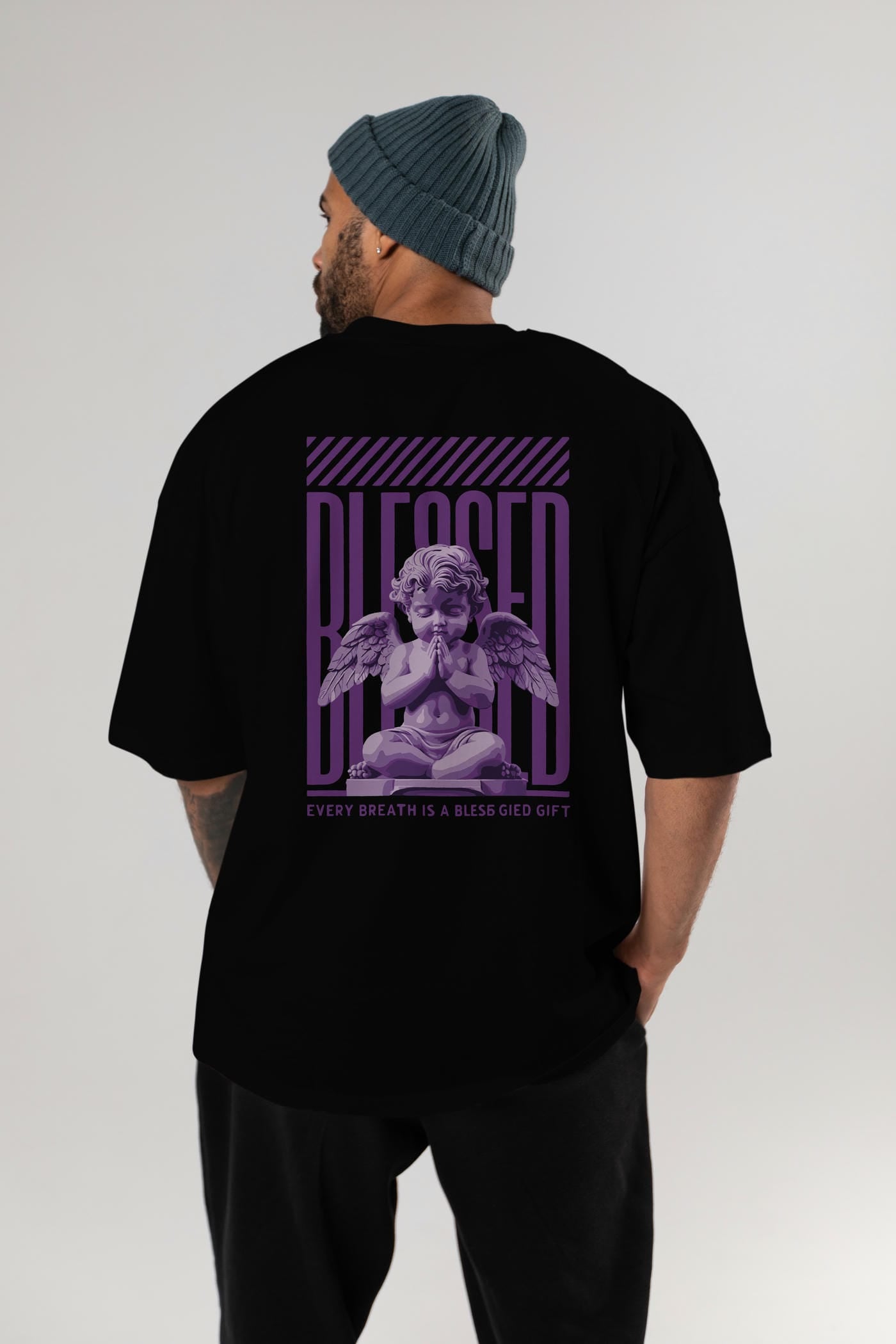 Blessed Arka Baskılı Oversize t-shirt Erkek Kadın %100 Pamuk Bisiklet Yaka tişort
