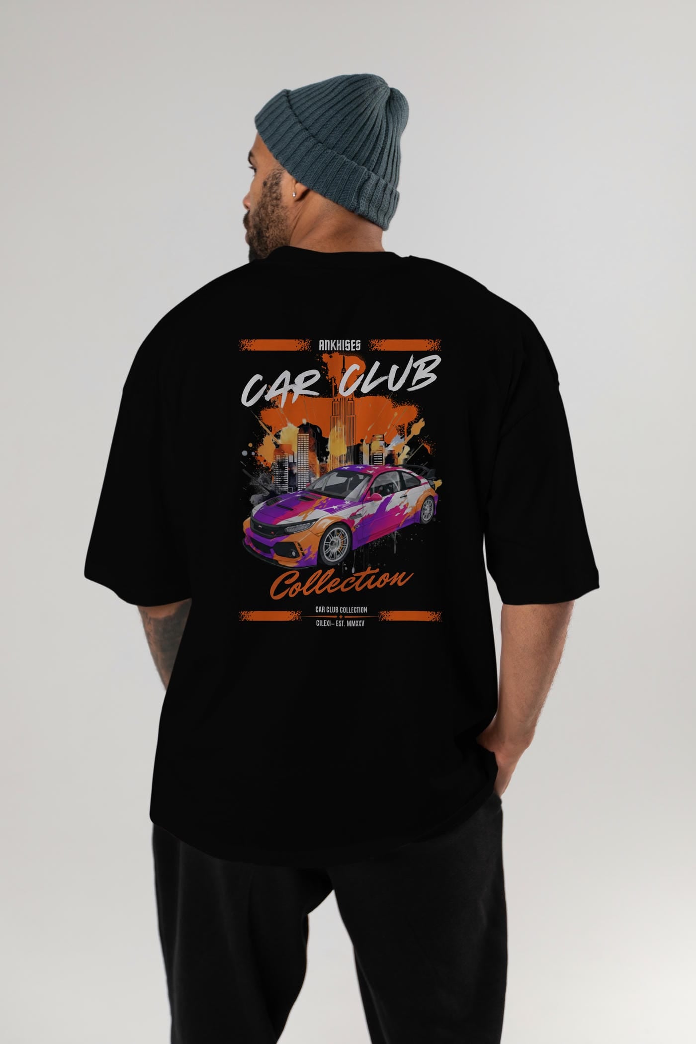 Araba Club Serisi 9 Baskılı Oversize t-shirt Erkek Kadın %100 Pamuk Bisiklet Yaka tişort