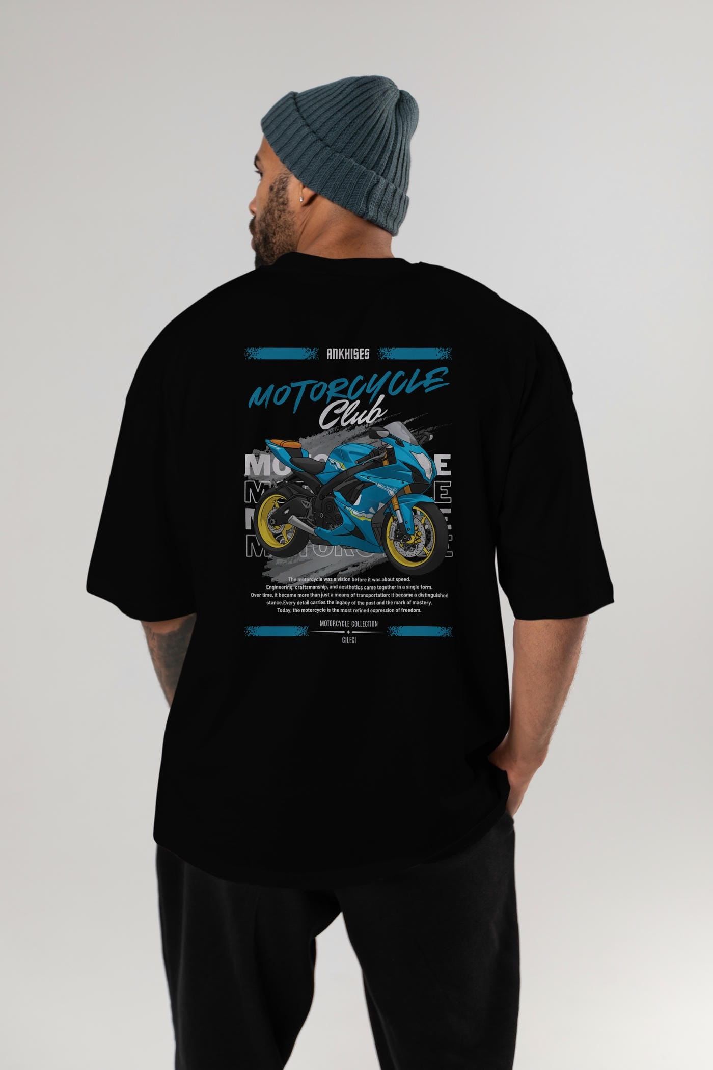 Motosiklet Serisi 11 Arka Baskılı Oversize t-shirt Erkek Kadın %100 Pamuk Bisiklet Yaka tişort