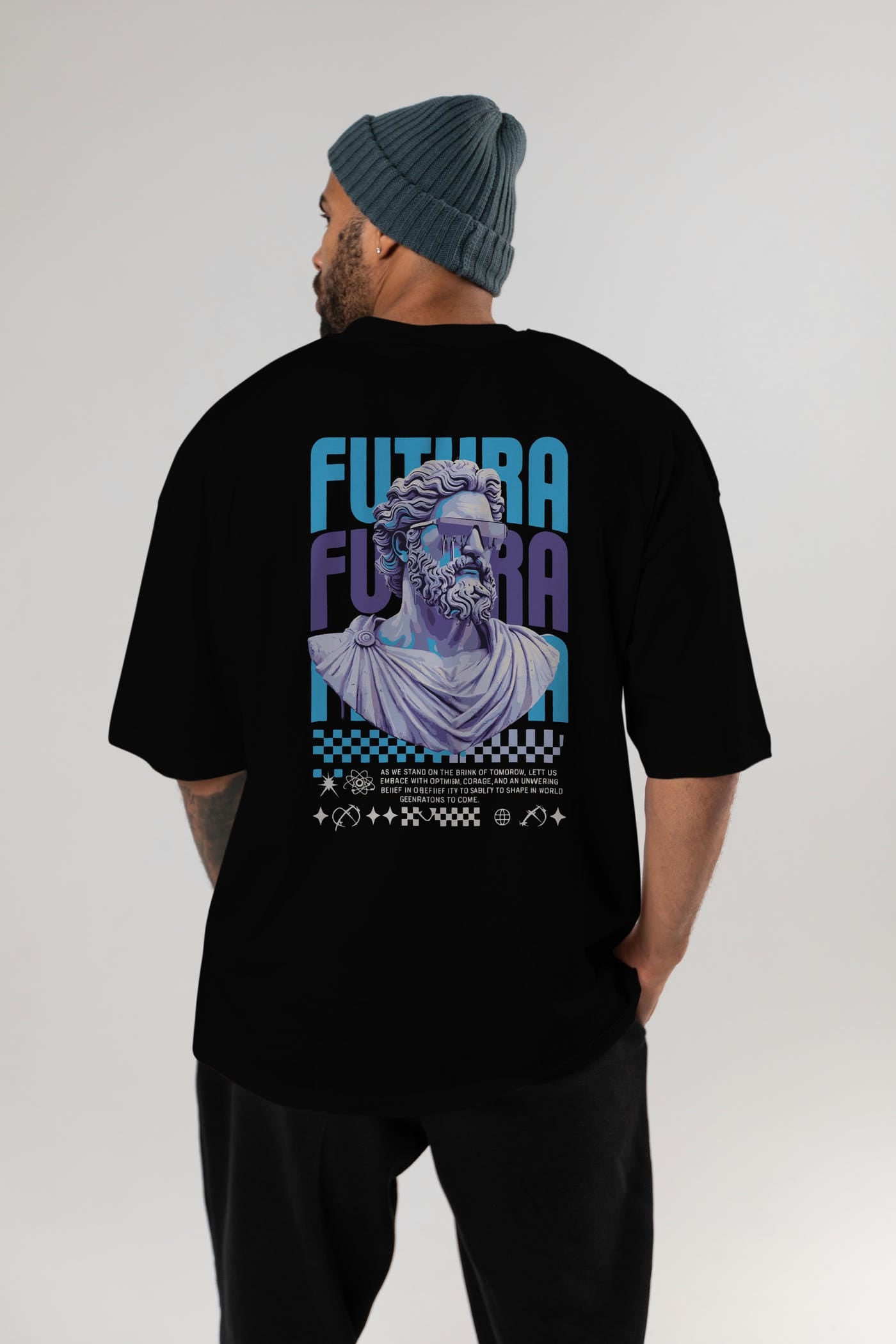 Futura Zeus Arka Baskılı Oversize t-shirt Erkek Kadın %100 Pamuk Bisiklet Yaka tişort