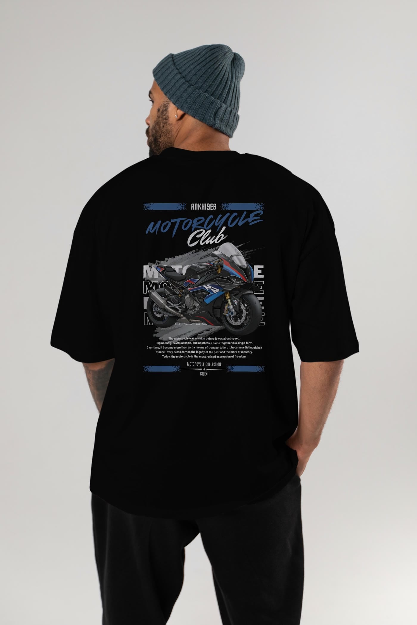 Motosiklet Serisi 1 Arka Baskılı Oversize t-shirt Erkek Kadın %100 Pamuk Bisiklet Yaka tişort