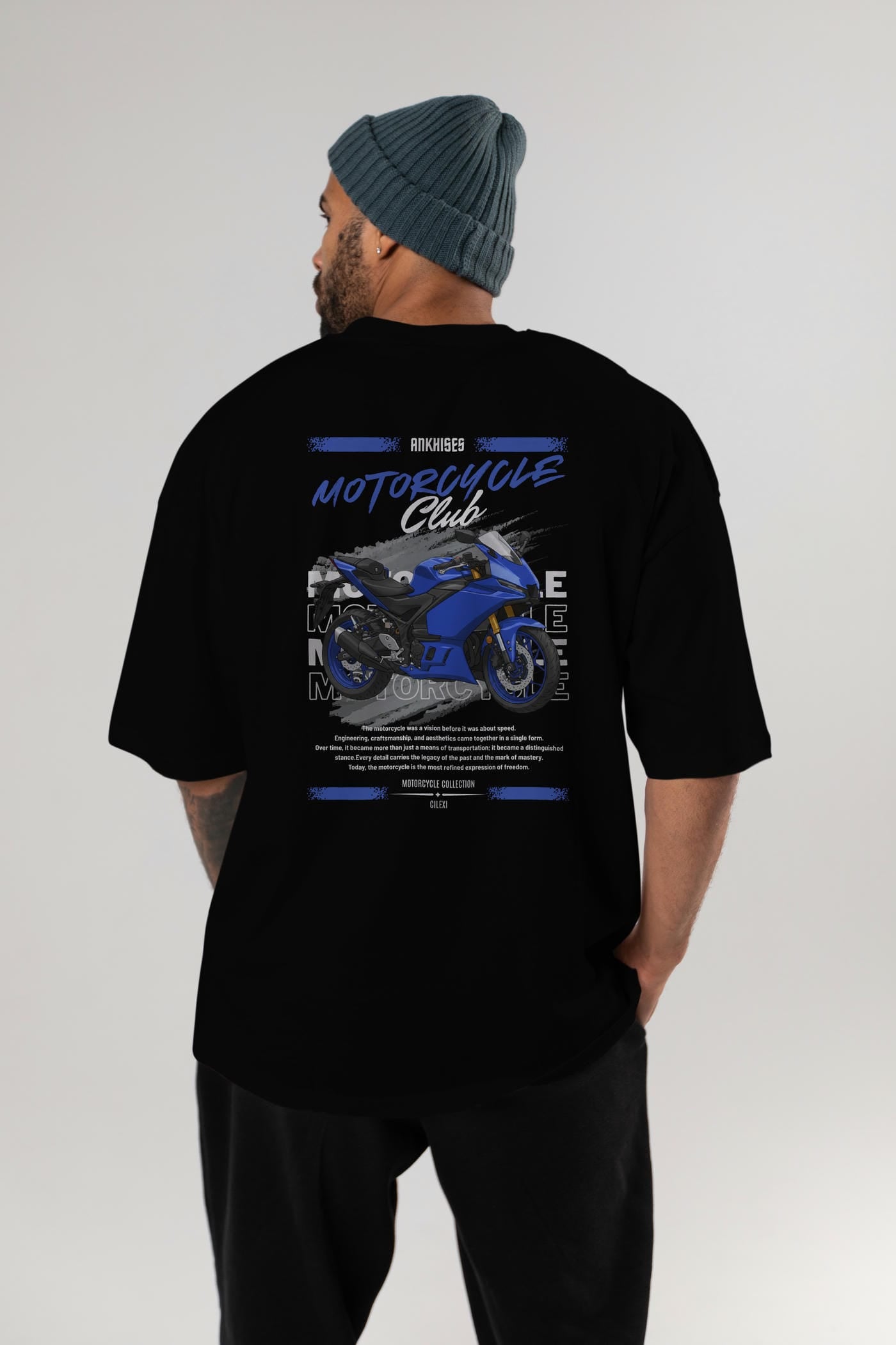Motosiklet Serisi 33 Arka Baskılı Oversize t-shirt Erkek Kadın %100 Pamuk Bisiklet Yaka tişort