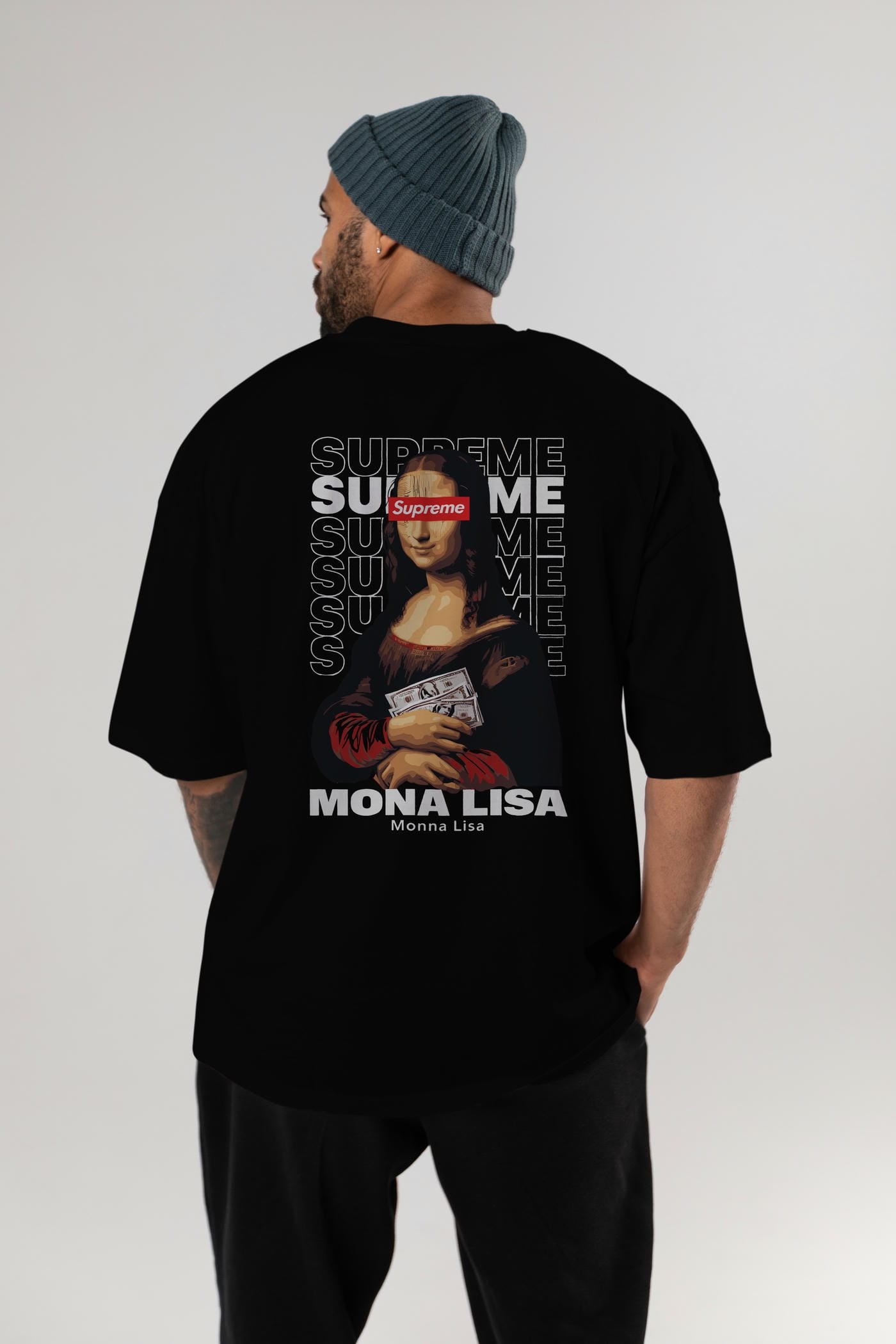 Mona Lisa Supreme Arka Baskılı Oversize t-shirt Erkek Kadın %100 Pamuk Bisiklet Yaka tişort