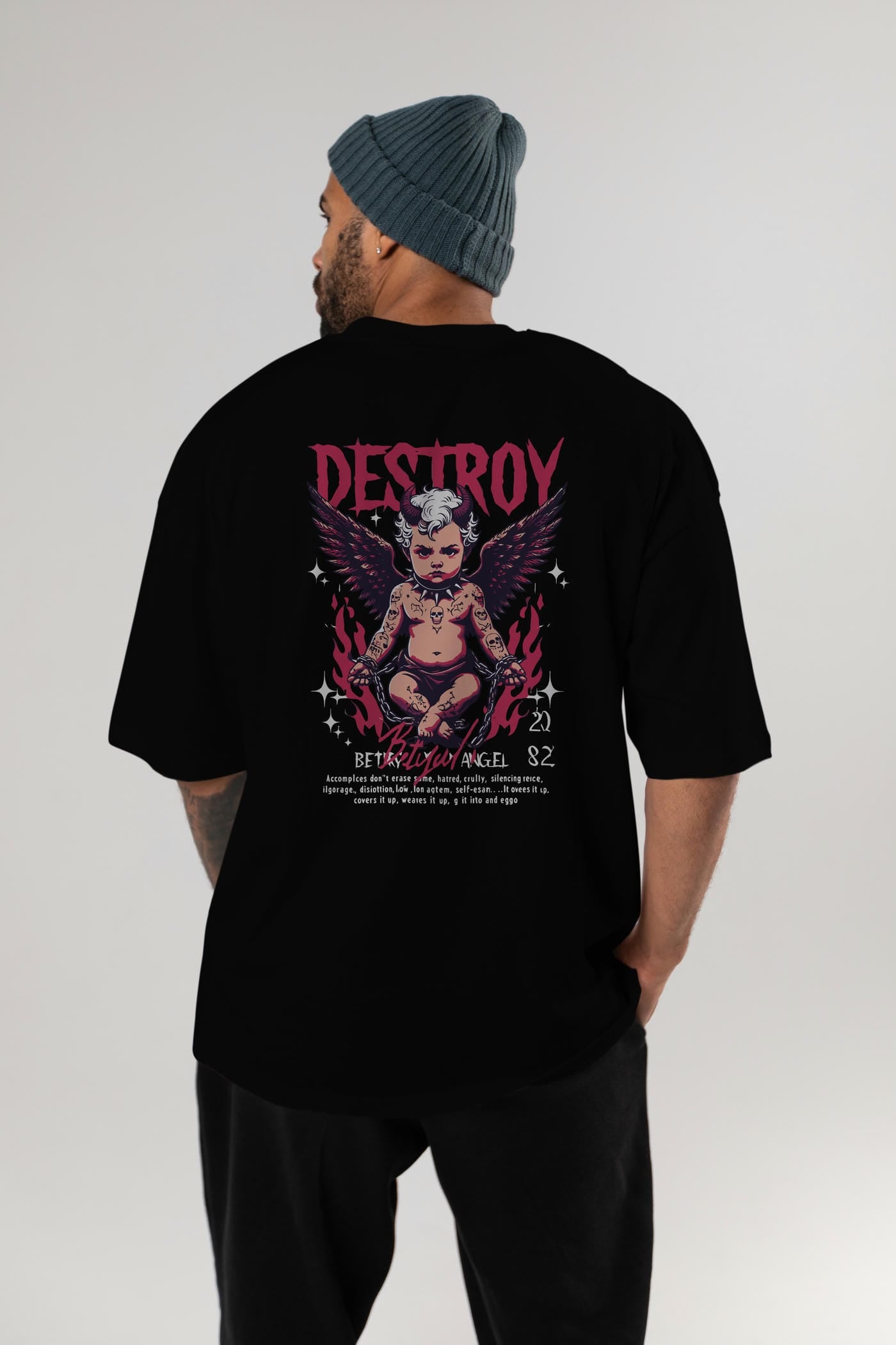 Destroy Arka Baskılı Oversize t-shirt Erkek Kadın %100 Pamuk Bisiklet Yaka tişort