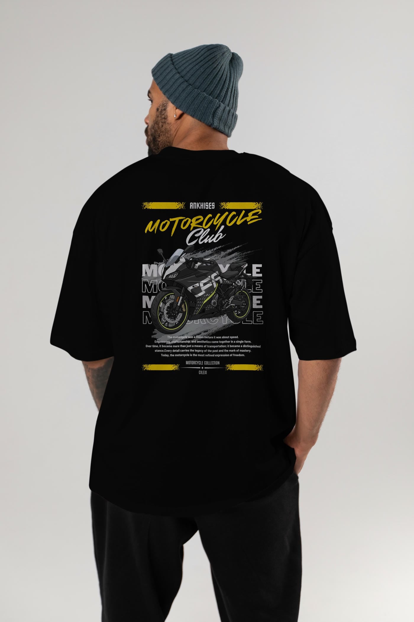 Motosiklet Serisi 16 Arka Baskılı Oversize t-shirt Erkek Kadın %100 Pamuk Bisiklet Yaka tişort