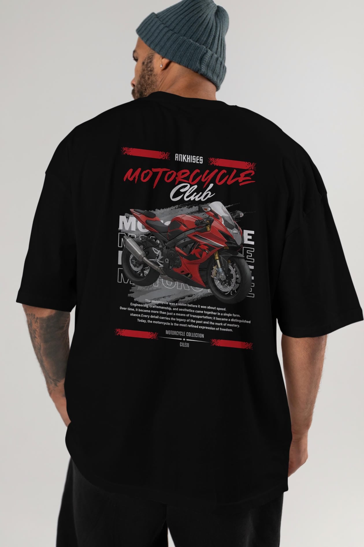 Motosiklet Serisi 5 Arka Baskılı Oversize t-shirt Erkek Kadın %100 Pamuk Bisiklet Yaka tişort