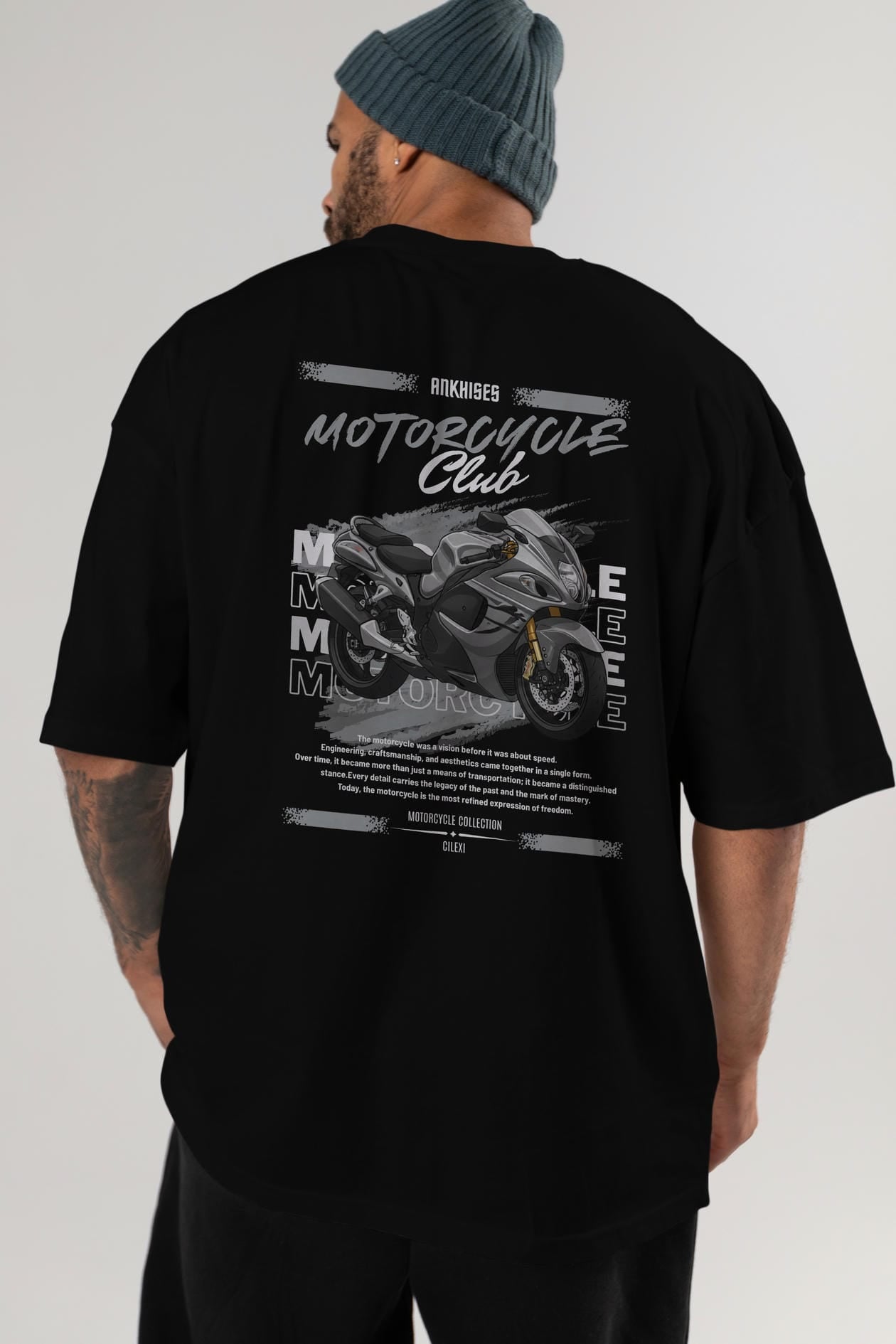 Motosiklet Serisi 9 Arka Baskılı Oversize t-shirt Erkek Kadın %100 Pamuk Bisiklet Yaka tişort
