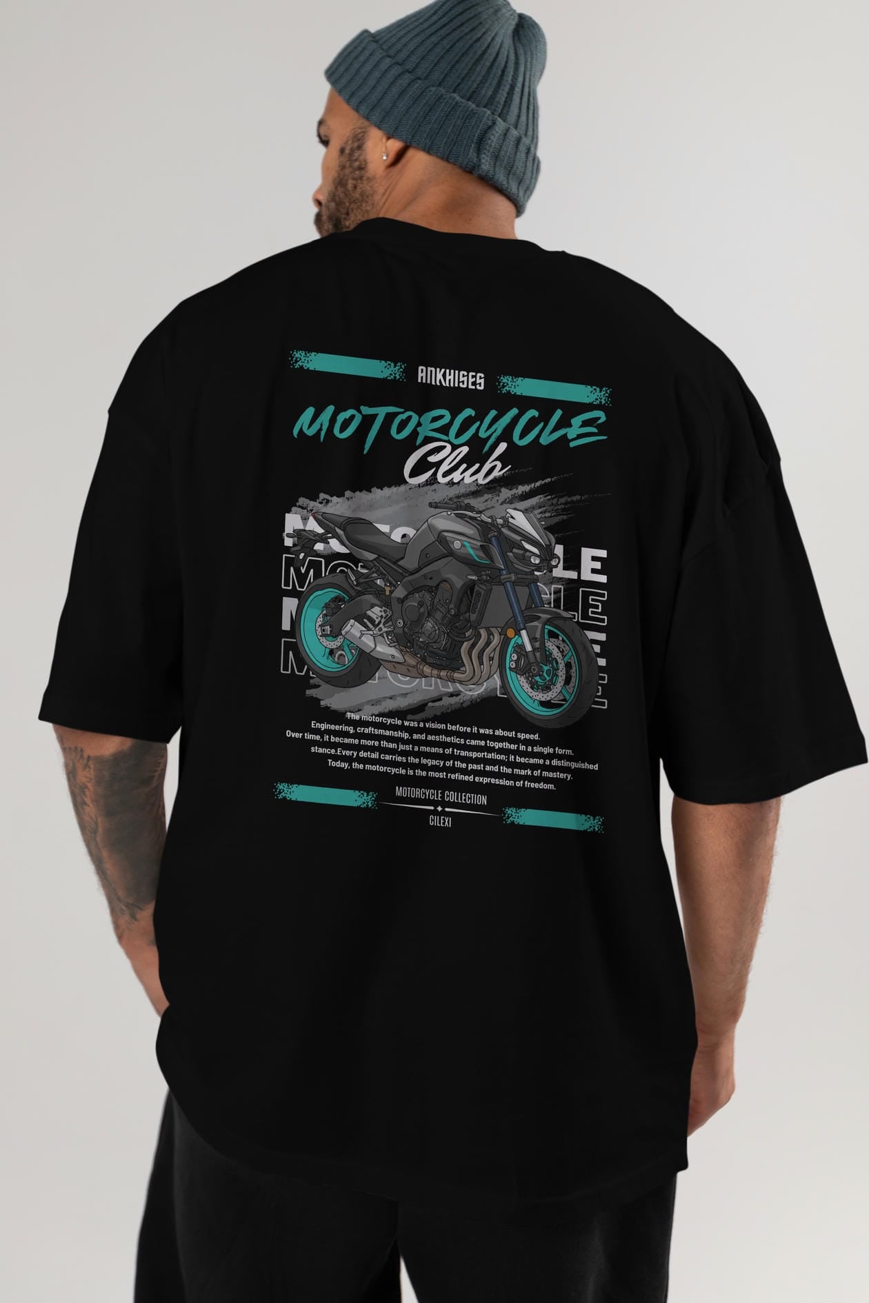 Motosiklet Serisi 21 Arka Baskılı Oversize t-shirt Erkek Kadın %100 Pamuk Bisiklet Yaka tişort