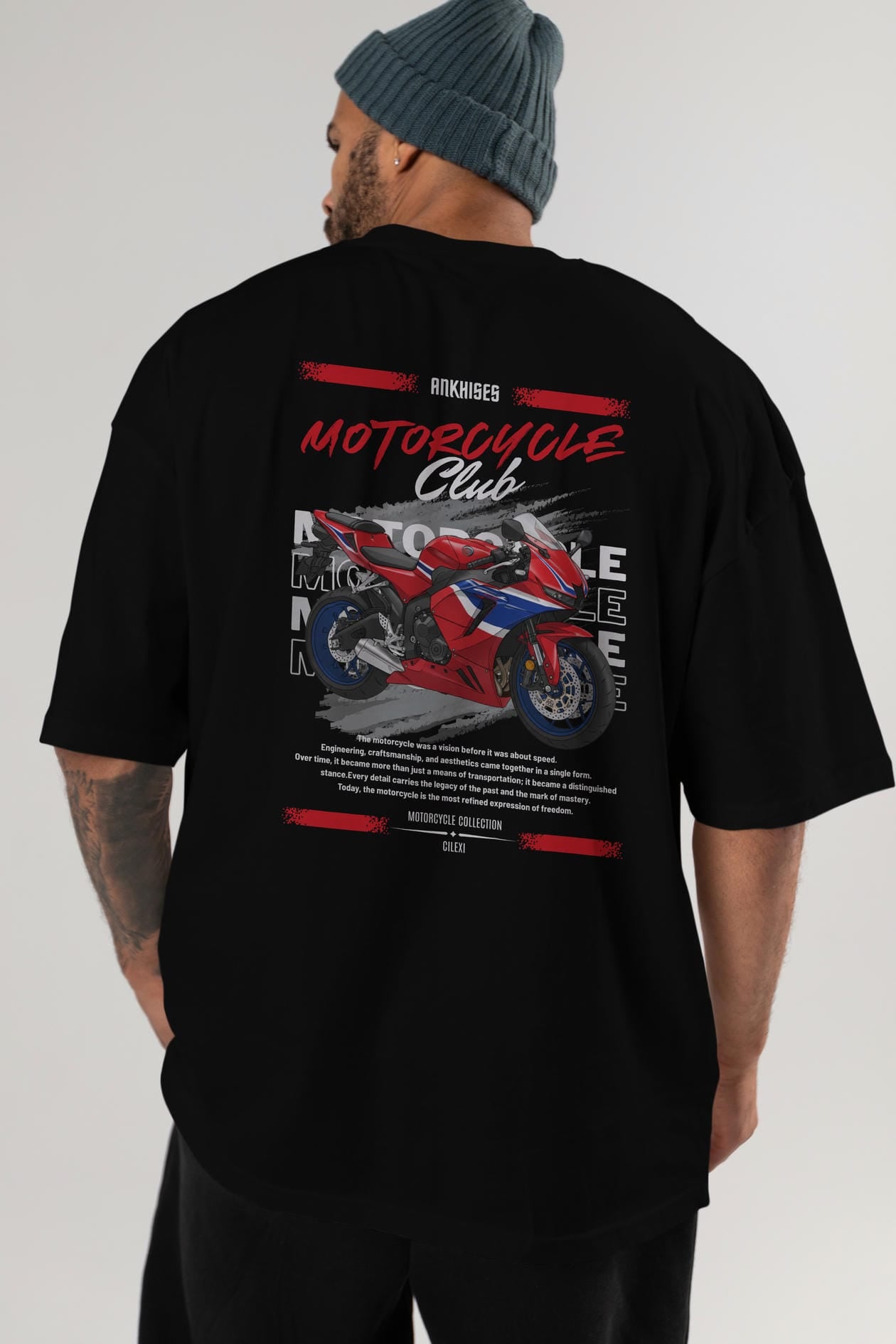 Motosiklet Serisi 24 Arka Baskılı Oversize t-shirt Erkek Kadın %100 Pamuk Bisiklet Yaka tişort