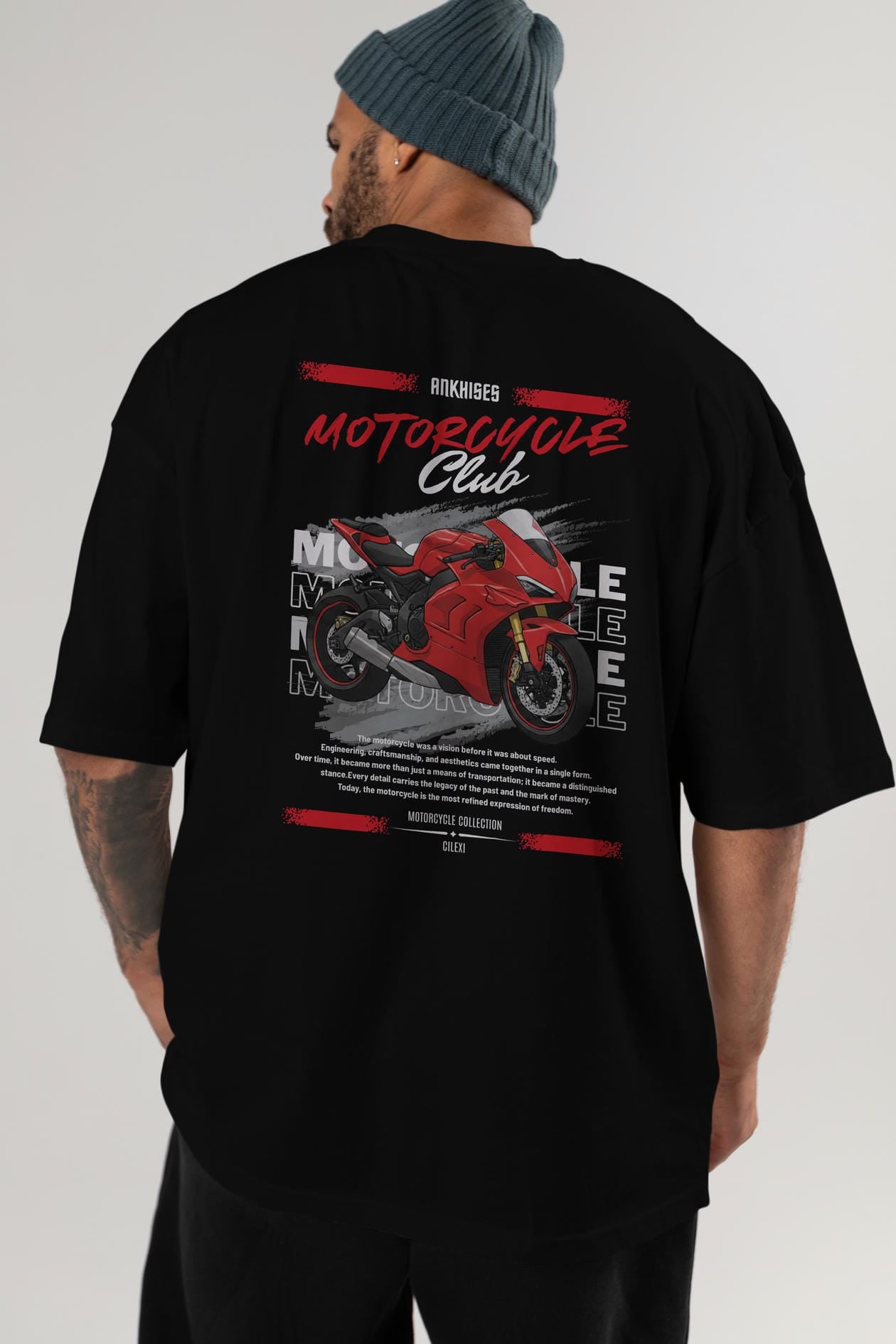 Motosiklet Serisi 7 Arka Baskılı Oversize t-shirt Erkek Kadın %100 Pamuk Bisiklet Yaka tişort