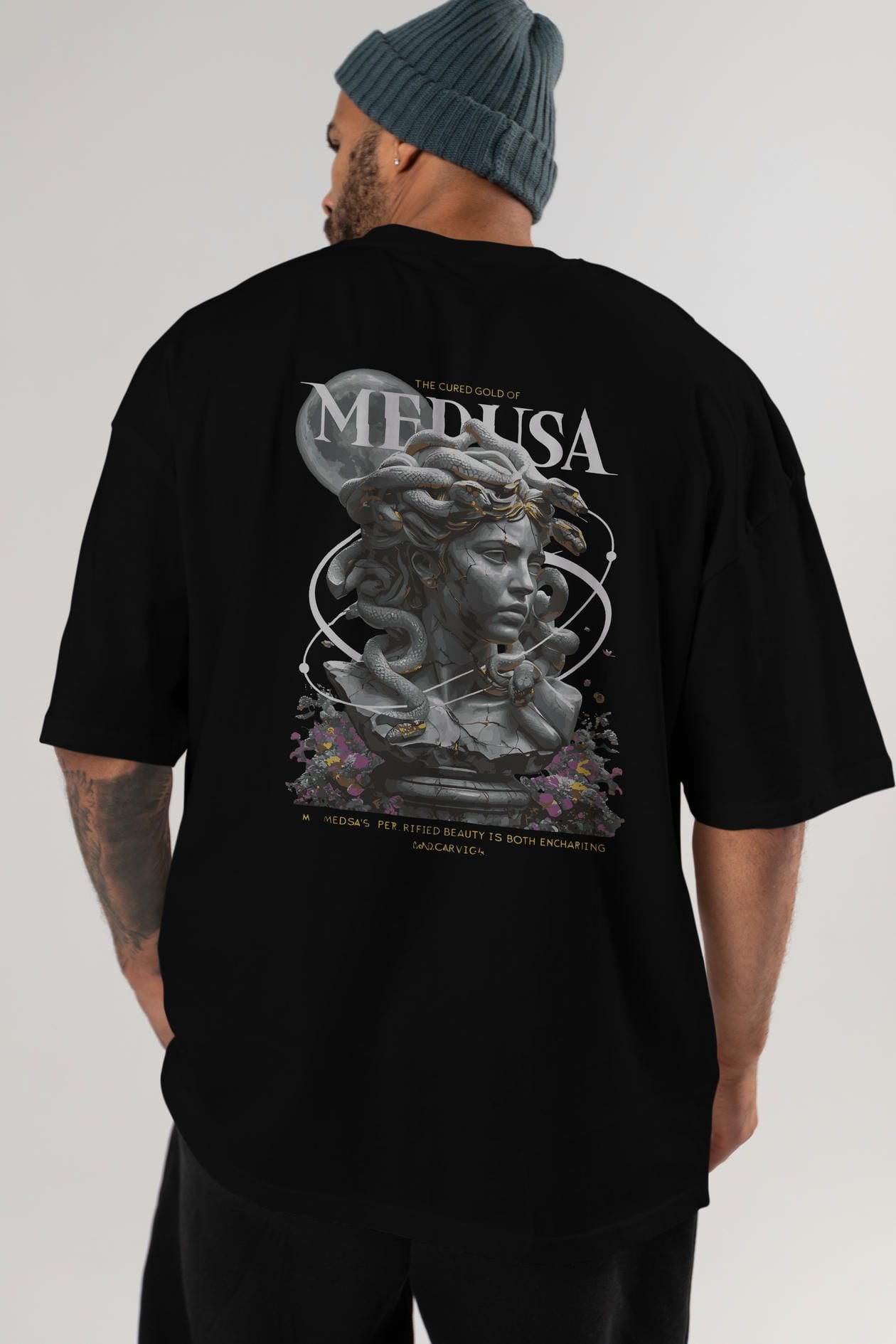Medusa Arka Baskılı Oversize t-shirt Erkek Kadın %100 Pamuk Bisiklet Yaka tişort