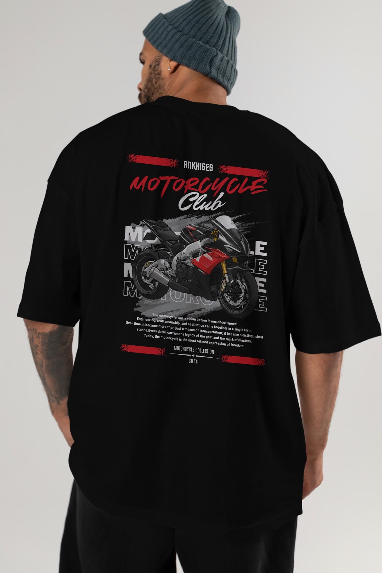 Motosiklet Serisi 8 Arka Baskılı Oversize t-shirt Erkek Kadın %100 Pamuk Bisiklet Yaka tişort