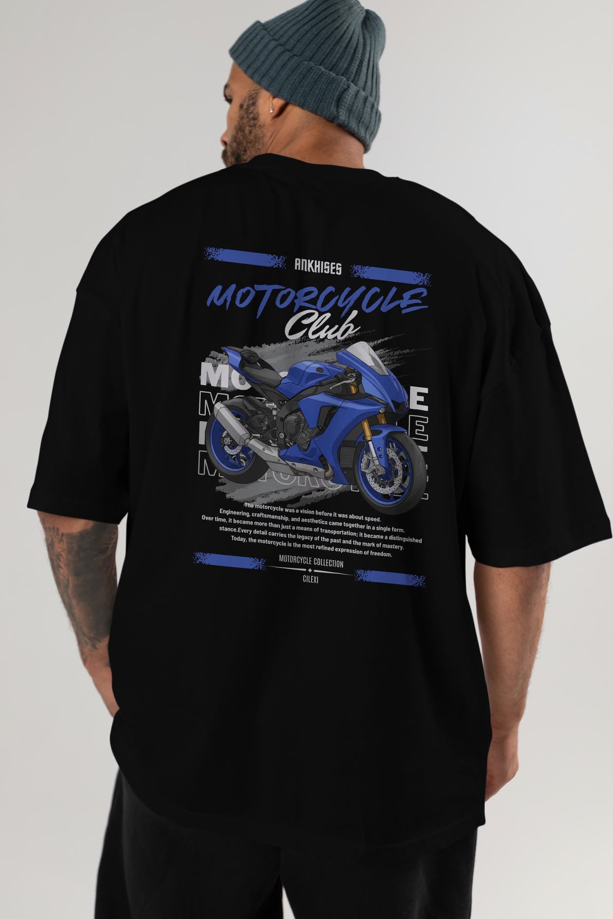 Motosiklet Serisi 31 Arka Baskılı Oversize t-shirt Erkek Kadın %100 Pamuk Bisiklet Yaka tişort